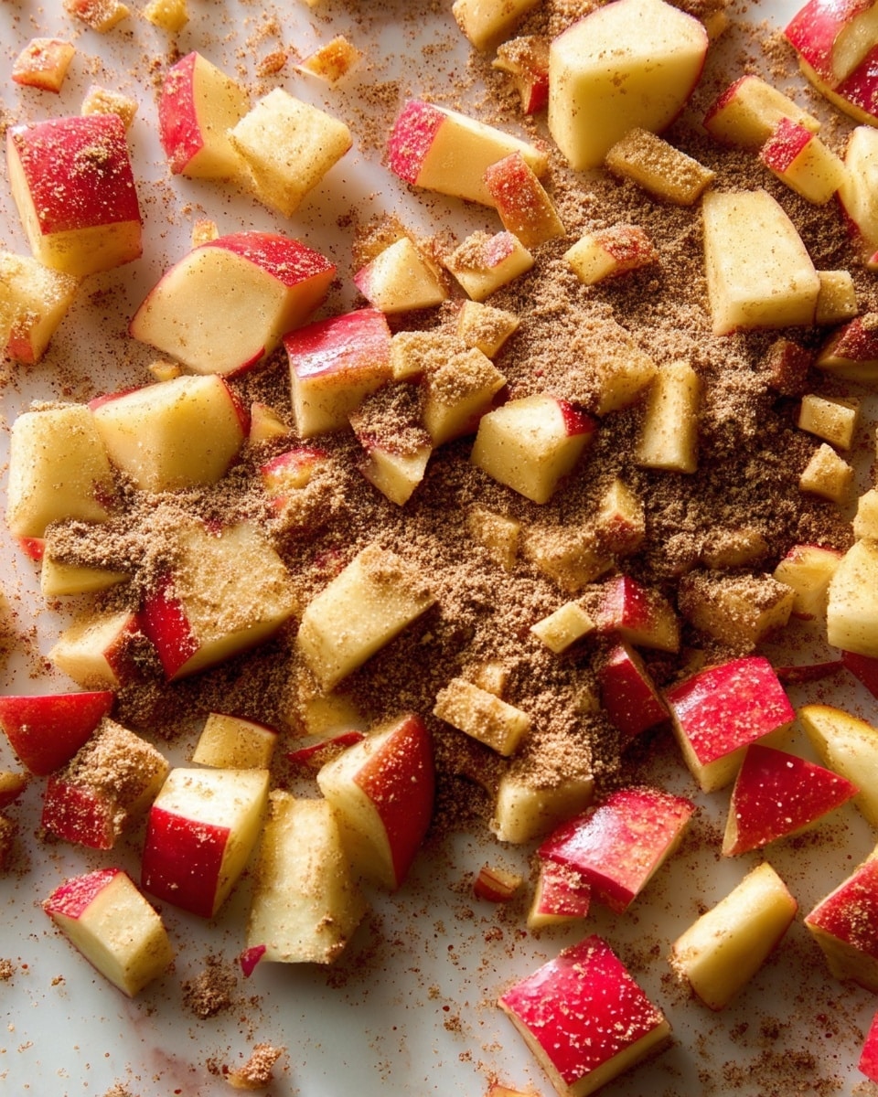 This image shows many small apple pieces in light yellow and red shades, scattered and mixed with a thick layer of brown sugar and cinnamon powder, giving a grainy texture over the fruit. The pieces and powder are spread evenly on a white marbled surface, creating a warm and textured look. photo taken with an iphone --ar 4:5 --v 7