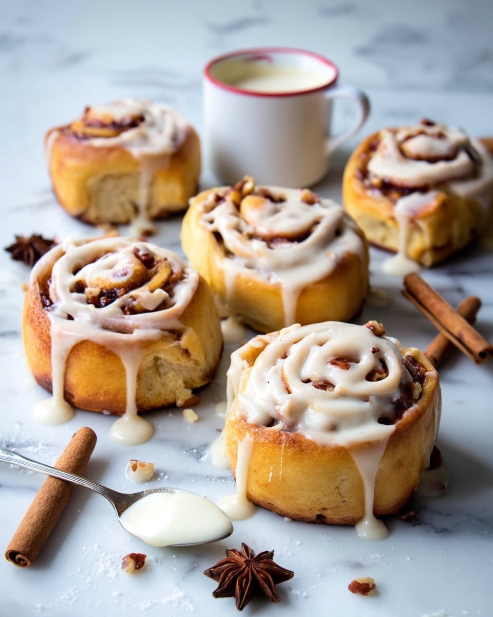 A group of golden brown cinnamon rolls arranged on a white marbled surface, each roll showing a spiral of dough filled with dark cinnamon and small pieces of nuts inside. The rolls are thickly covered with creamy off-white icing that looks smooth and slightly glossy, dripping softly down the sides. Around the rolls are a few cinnamon sticks, a small white cup with a red rim filled with extra icing, and a spoon holding some of the same icing, all placed on the white marbled background. photo taken with an iphone --ar 4:5 --v 7