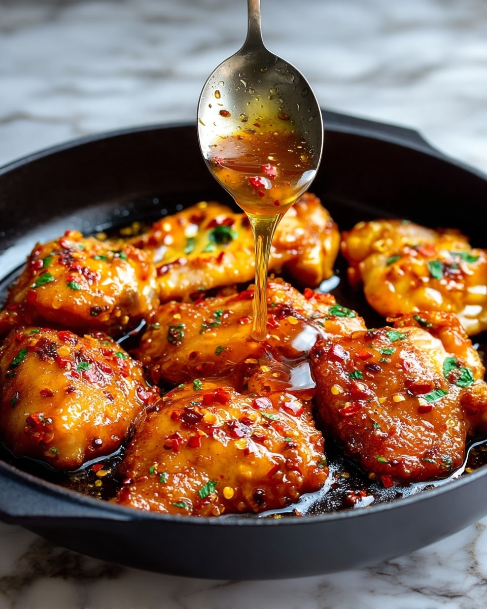 A black pan filled with several pieces of golden-brown cooked chicken coated in a shiny, sticky sauce with red chili flakes and small green herb bits sprinkled on top. A spoon above the chicken drizzles more of the glossy sauce directly onto the piece in the front center, highlighting the thick texture and rich color. The black pan contrasts with the chicken’s orange and brown tones, and the background is a white marbled surface. The lighting creates a warm, inviting feel with clear focus on the dripping sauce and textured chicken skin photo taken with an iphone --ar 4:5 --v 7