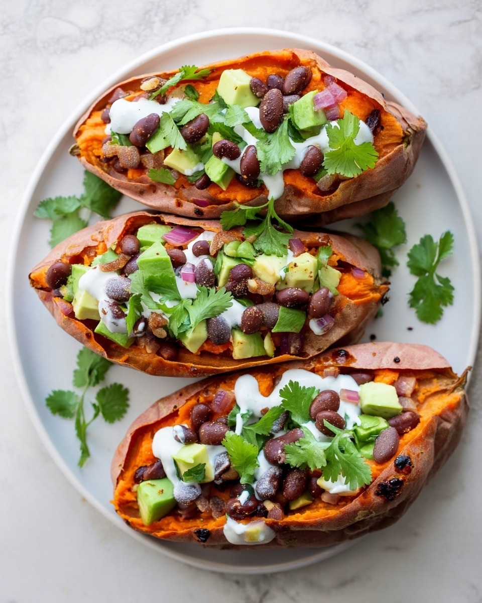 The image shows a white plate holding three baked sweet potatoes that are split open and filled with layers. The bottom layer is the soft, bright orange sweet potato inside its slightly wrinkled brown skin. On top of the sweet potato is a layer of dark red beans scattered unevenly. There are small green cubes of avocado placed among the beans. White creamy sauce is drizzled over the beans and avocado, with some fresh green cilantro leaves scattered on top, adding a fresh touch. The plate sits on a white marbled surface. Photo taken with an iphone --ar 4:5 --v 7