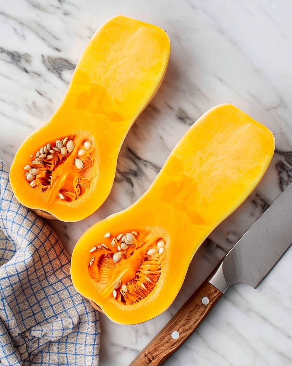 Two halves of a butternut squash are shown lying flat on a white marbled surface. Each half reveals a bright orange flesh with a smooth texture, and a hollow cavity near the wider end filled with pale orange stringy fibers and cream-colored seeds. The halves have a slightly curved, elongated shape with rounded ends. A kitchen knife with a wooden handle rests nearby on the marble surface, and a blue and white checkered cloth is partially visible to the side. Photo taken with an iphone --ar 4:5 --v 7