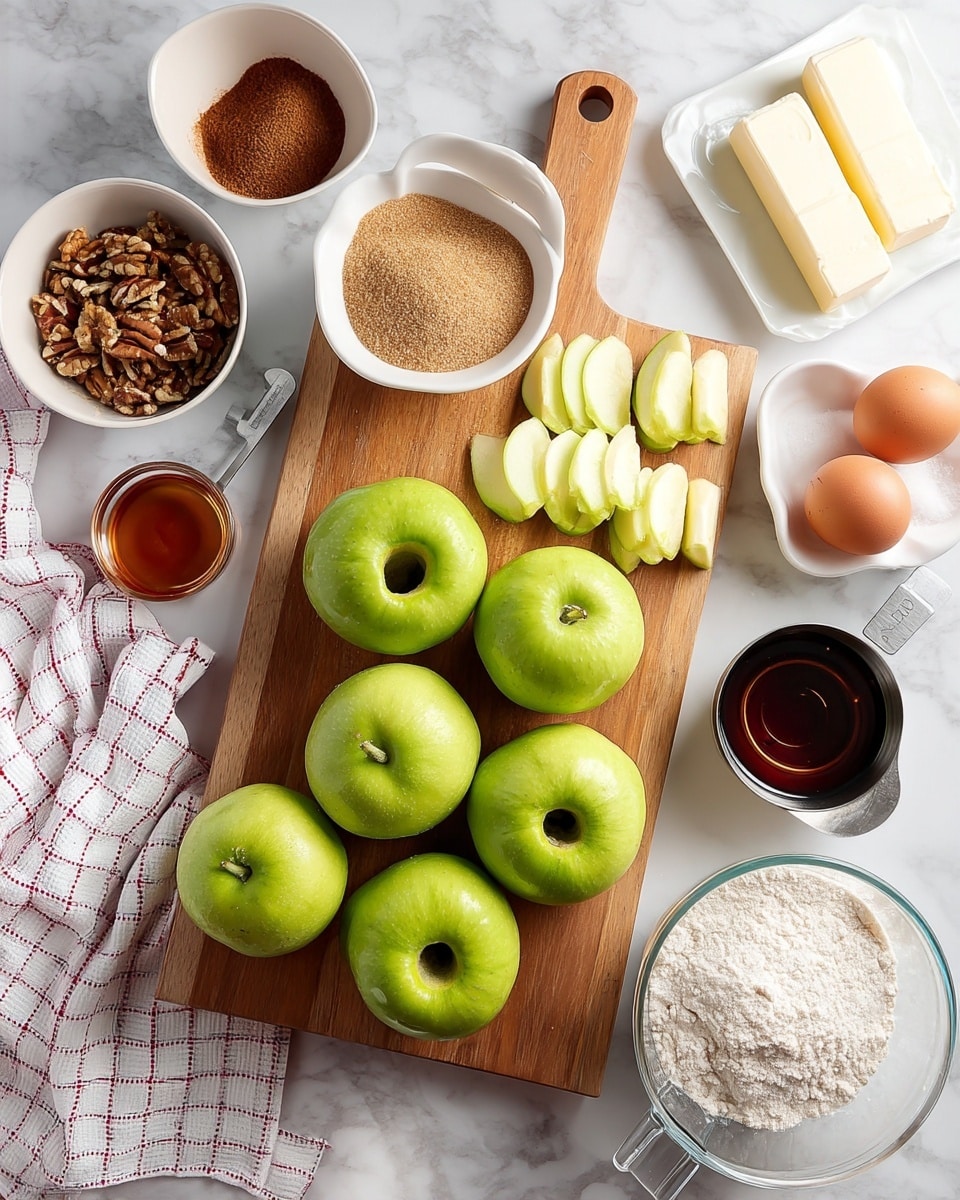 The image shows a wooden cutting board on a white marbled surface, holding three whole green apples and several apple slices arranged neatly in two rows. Next to the board is a small white bowl filled with light brown sugar, placed near a white and red checkered cloth. There are several other small white bowls around, each containing different baking ingredients: one with chopped nuts, one with a dark brown powder (likely cinnamon), and a black measuring cup filled with a dark liquid. Toward the top right corner, there are three eggs, two sticks of butter, and a clear measuring cup with white flour inside. The scene is well-lit, clean, and prepared for baking. Photo taken with an iphone --ar 4:5 --v 7