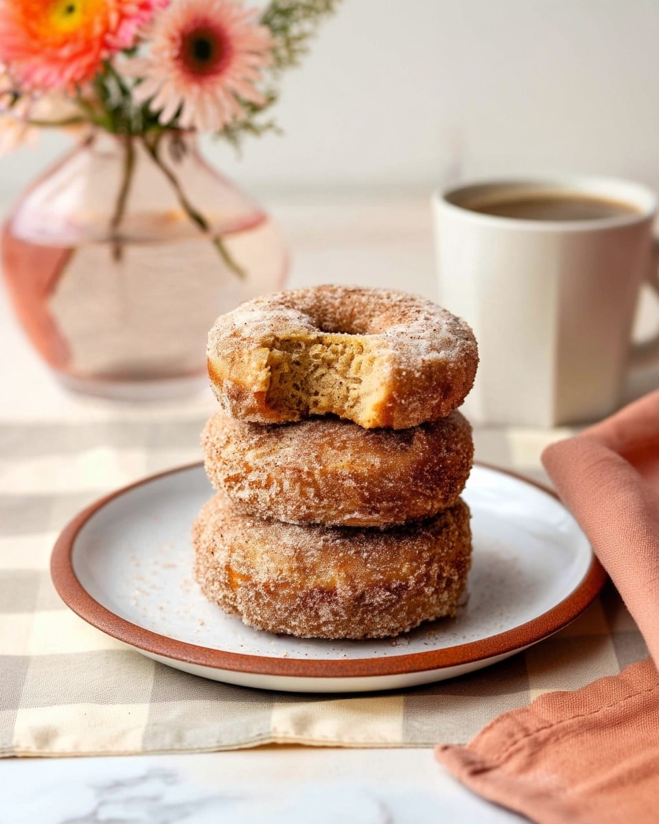 A stack of three cinnamon sugar donuts sits on a white ceramic plate with a brown rim. The donuts are golden brown and fully covered with a layer of cinnamon sugar, giving them a rough, grainy texture. The top donut has a bite taken out, showing a soft, airy, light tan inside. The plate is on a beige and white checkered cloth, with a soft orange cloth to the right. In the blurred background, there is a white cup filled with dark coffee and a faint outline of a pink vase with flowers. The surface beneath is white marble textured. Photo taken with an iphone --ar 4:5 --v 7