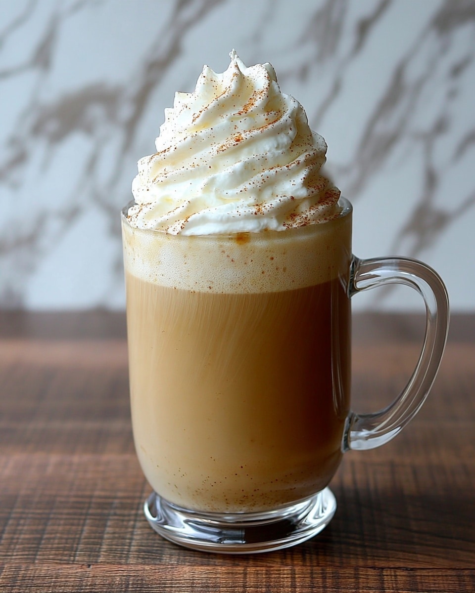 A clear glass mug filled with three layers: a light brown creamy coffee layer at the bottom, a thin layer of frothy foam just above it, and a thick, tall swirl of white whipped cream on the top sprinkled with light brown spice powder. The mug is placed on a dark wooden surface with a white marbled texture background. photo taken with an iphone --ar 4:5 --v 7