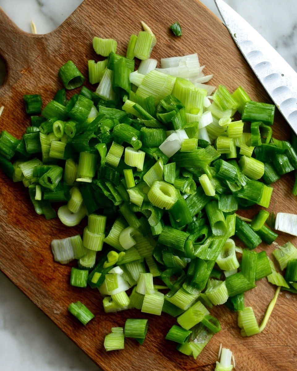 The image shows chopped green onions scattered across a wooden chopping board. The green onions have a mix of white, light green, and darker green layers, cut into small, uneven pieces with a fresh and slightly wet look. The wooden chopping board has visible grain and texture and a metal knife partially visible on the right side. The background is a white marbled texture photo taken with an iphone --ar 4:5 --v 7