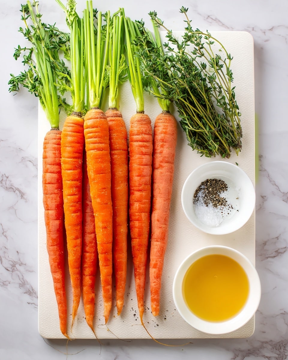 The image shows eight fresh bright orange carrots with green leafy tops laying side by side on a white cutting board with green edges. Above the carrots, a small bunch of green thyme sprigs lies horizontally. To the right of the carrots, there are three small white bowls arranged in a triangle, containing golden honey, a mix of coarse salt and black pepper, and a pale yellow liquid, likely oil. All is set against a clean white marbled surface. photo taken with an iphone --ar 4:5 --v 7