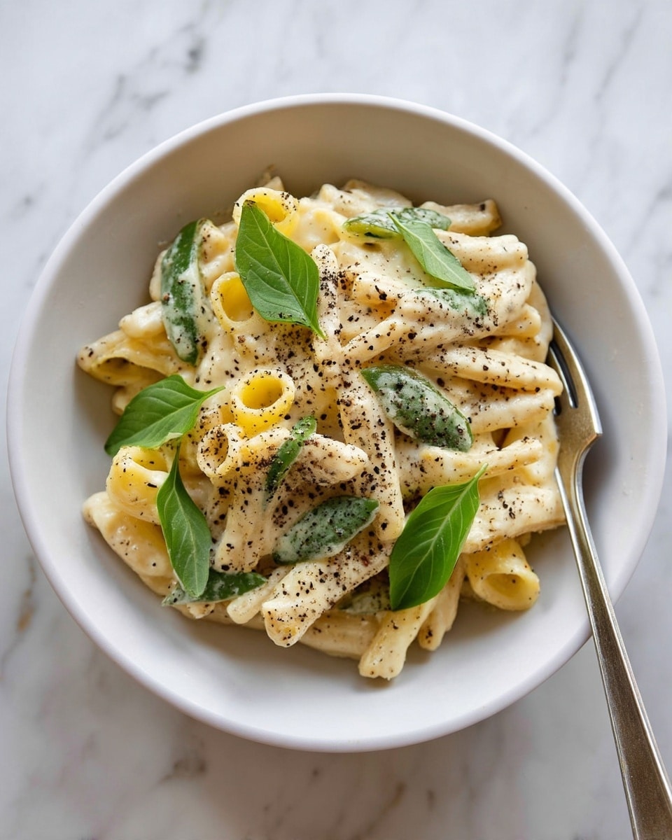 A bowl of pasta with about three layers, creamy white sauce covering most of the pasta, speckled with black pepper, and fresh green basil leaves scattered on top and within the pasta. The pasta is pale yellow and appears thick and slightly textured. The bowl is white and sits on a white marbled surface, with a silver fork resting on the right side inside the bowl. Photo taken with an iphone --ar 4:5 --v 7
