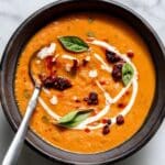 Creamy Red Lentil Tomato Soup with Roasted Red Peppers & Basil Recipe