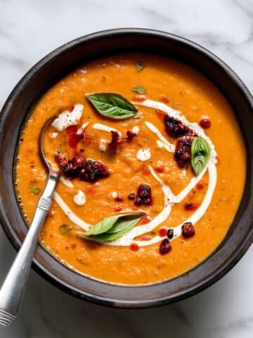 Creamy Red Lentil Tomato Soup with Roasted Red Peppers & Basil Recipe