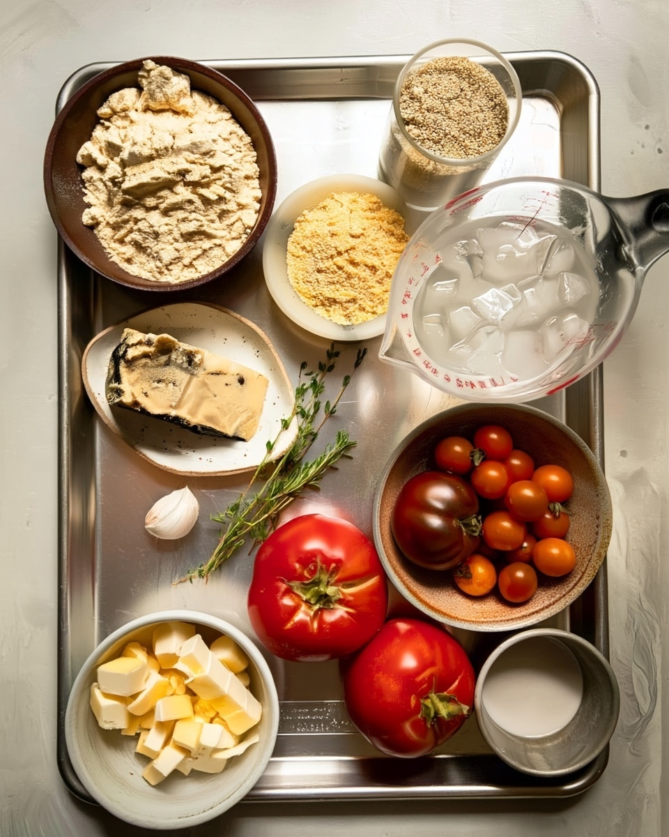 A metal tray holds various ingredients arranged neatly on a white marbled surface. In the top left, a white bowl contains bright red roasted peppers with some black char marks. To the right, a metallic measuring cup filled with small orange lentils sits next to a white cup with creamy beige liquid. Below, a white bowl contains shiny, dark red tomatoes and small orange cherry tomatoes clustered together. Towards the bottom left, a small copper dish holds several cloves of garlic next to a whole bright yellow lemon and red onion halves with their white and purple layers visible. Fresh green basil leaves are spread out beside a small clear glass bowl with deep red spice powder. On the bottom right, a clear measuring cup filled with rich brown liquid completes the selection. photo taken with an iphone --ar 4:5 --v 7