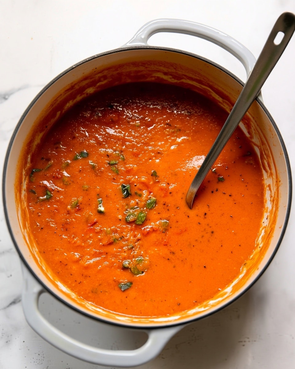 An orange creamy soup fills a deep dark bowl with a slightly rough texture. Swirls of white cream are drizzled on the surface in a circular pattern. Small dark red chunks, possibly spices or chili, are scattered unevenly on top of the soup. Three fresh green basil leaves rest on the soup, adding color contrast. A silver spoon lies resting inside the bowl on the left side. The bowl is placed on a white marbled surface with soft shadowing. Photo taken with an iphone --ar 4:5 --v 7
