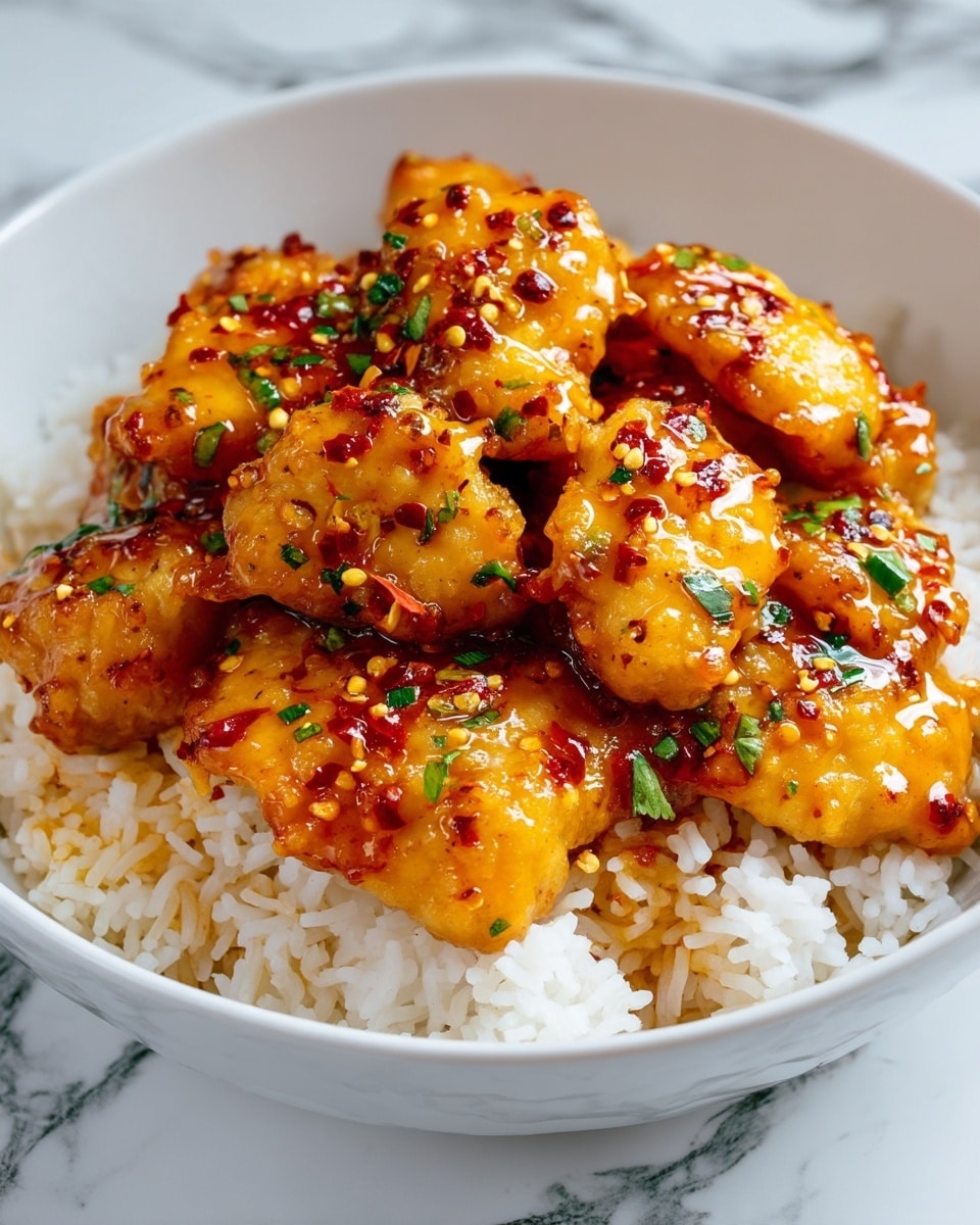 The dish shows one layer of white rice at the bottom with soft, shiny grains. On top, there are several pieces of golden-brown chicken coated in a thick, glossy sauce. The sauce has a rich orange color with red chili flakes and small green herb pieces sprinkled evenly over the chicken. The chicken pieces have a slightly crispy texture but are covered with the sticky sauce. All the food is placed in a white plate, sitting on a white marbled surface. photo taken with an iphone --ar 4:5 --v 7