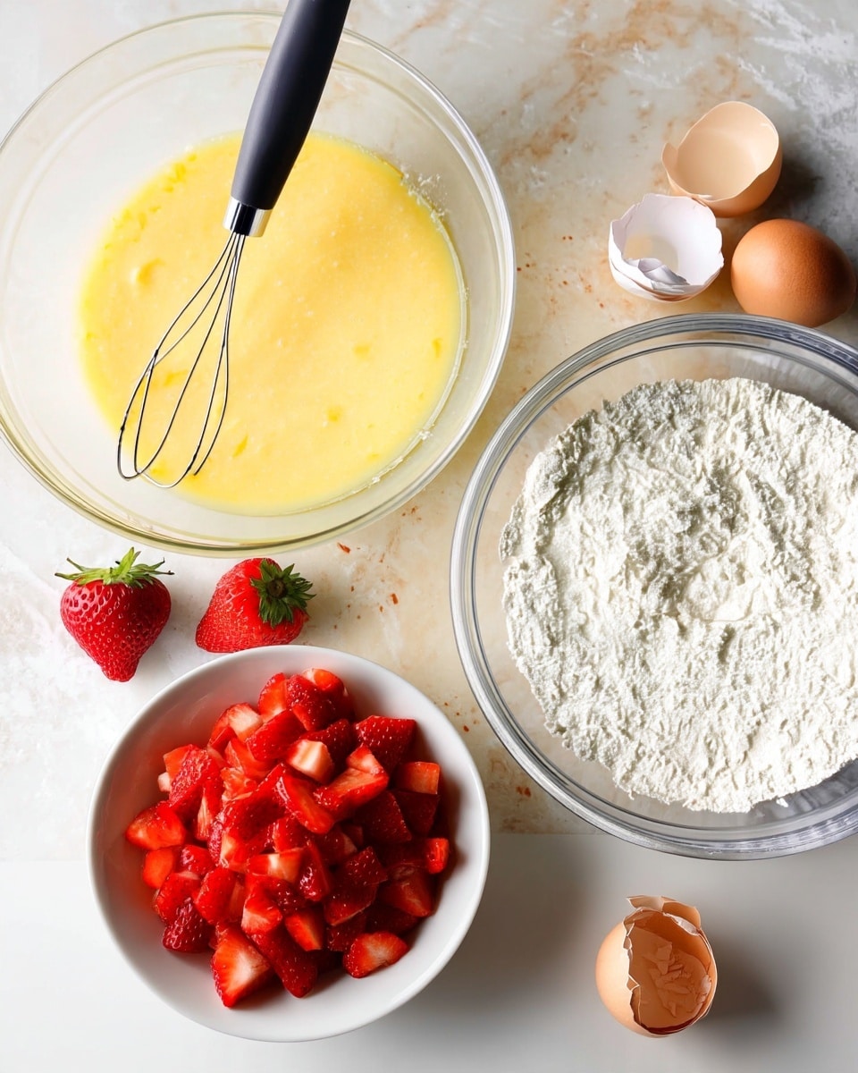 A clear glass bowl filled with a smooth yellow batter sits on a white marbled surface, and a whisk with a black handle rests inside the bowl. Next to it, there is a larger clear glass bowl filled with white flour. Below these bowls is a small white bowl full of bright red, chopped strawberries. Two whole strawberries are placed on the white marbled surface near the small bowl. To the right, there are two broken eggshells. Photo taken with an iphone --ar 4:5 --v 7