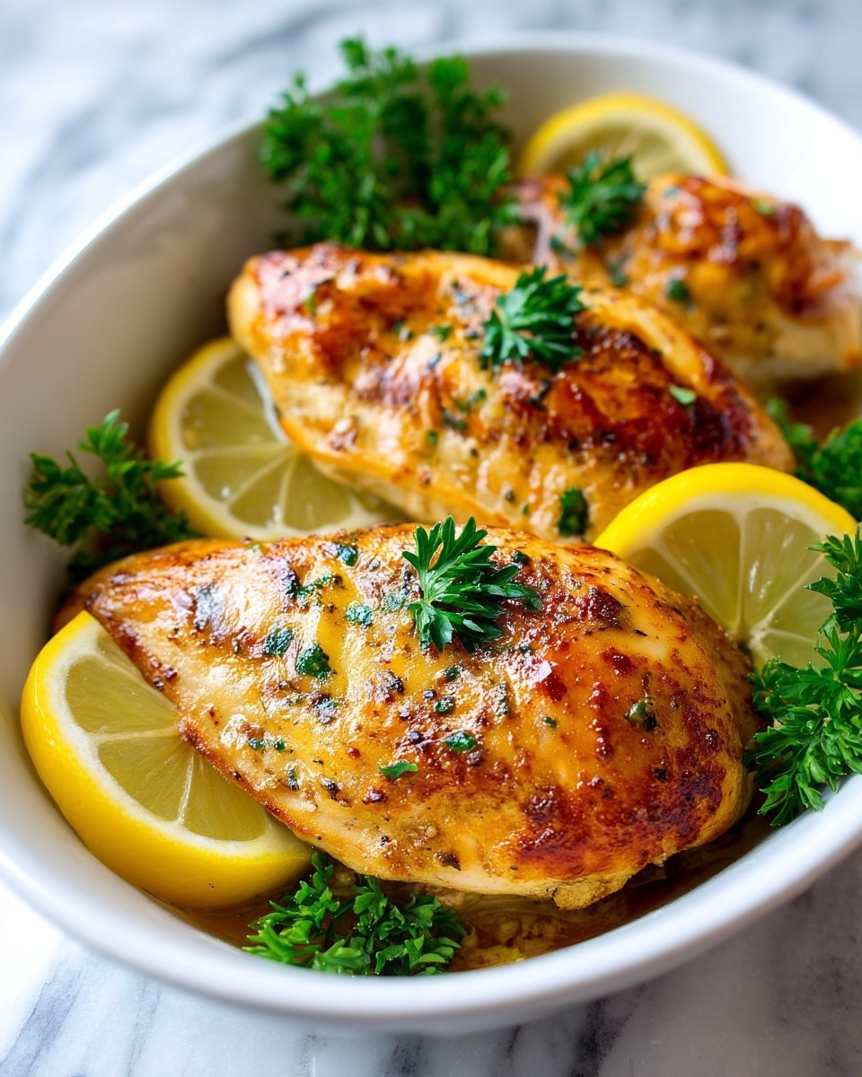 The image shows three golden brown cooked chicken pieces in a white dish, each topped with small green parsley leaves. The chicken has a shiny, slightly crispy texture with light seasoning visible on top. Between the chicken pieces are bright yellow lemon wedges, adding a fresh look to the dish. The background is a white marbled surface. The photo looks bright and clear, captured up close to show the detail of the chicken and garnish. photo taken with an iphone --ar 4:5 --v 7