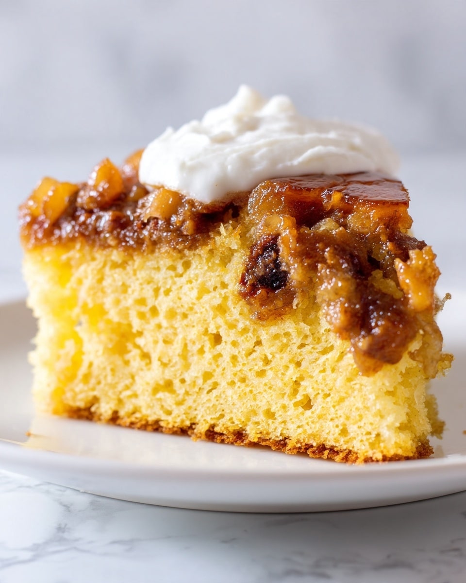 The image shows a close-up side view of a single slice of cake. The cake has two main layers: the bottom layer is thick and yellow with a soft, spongy texture, while the top layer is a brown, chunky mix with visible pieces of caramelized fruit or nuts, giving it a rough, sticky appearance. There is a small dollop of white cream or frosting slightly melting on the right edge of the top layer. The slice is placed on a white plate against a white marbled background. Photo taken with an iphone --ar 4:5 --v 7