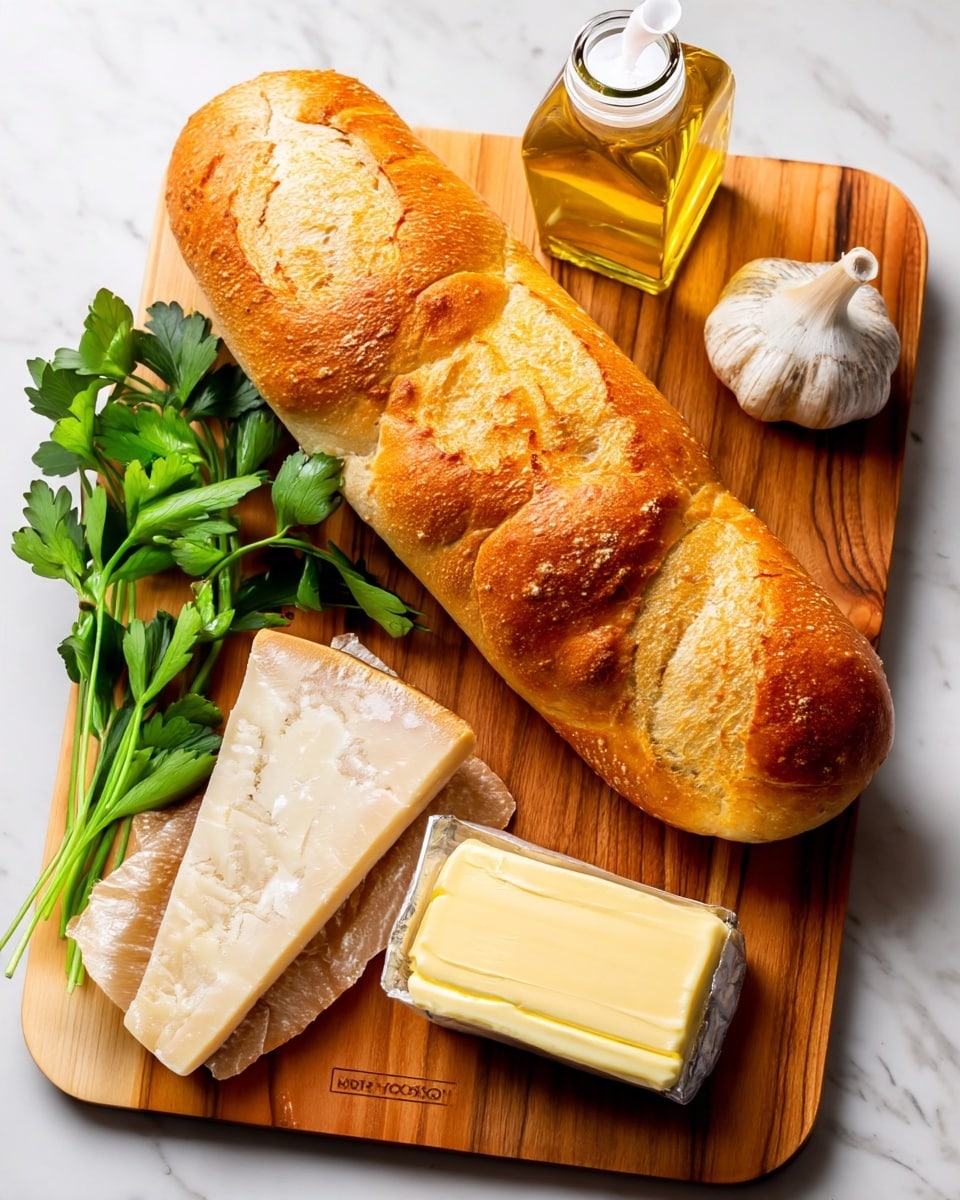 A wooden cutting board sits on a white marbled surface with a whole loaf of crusty golden-brown bread placed diagonally across it. To the left of the bread, there is a small bunch of bright green parsley, and below the parsley, two large wedges of pale yellow Parmesan cheese with a rough texture. At the bottom right corner of the board, there's a rectangular block of pale yellow salted sweet cream butter in its wrapper. In the top right corner, next to the bread, is a bulb of garlic with a white and slightly grayish skin, and beside it is a small clear glass bottle filled with golden yellow oil, topped with a white pour spout. Photo taken with an iphone --ar 4:5 --v 7