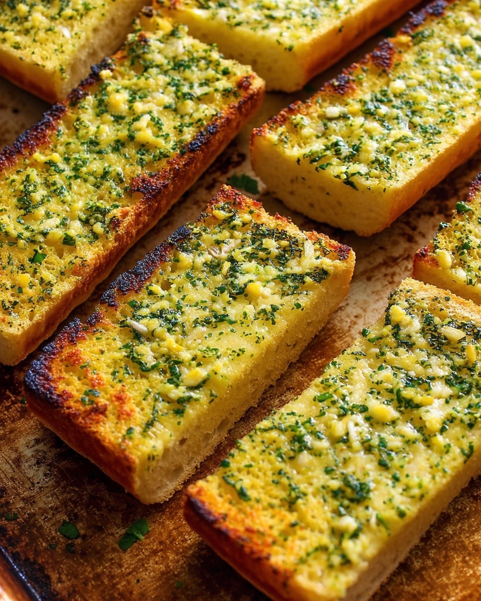 The image shows several rectangular pieces of garlic bread arranged closely on a baking tray. Each piece has a thick, golden-brown crust at the bottom, topped with a bright yellow garlic butter spread that is mixed with finely chopped green herbs and small bits of garlic, creating a textured and slightly rough surface. The edges of the bread pieces are crispy and slightly darker, showing a toasted look, while the rest looks soft and moist. The baking tray has a worn, brownish surface that contrasts with the bread. Photo taken with an iphone --ar 4:5 --v 7