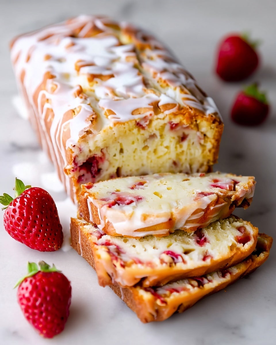 A loaf of light golden cake sits on a white marbled surface, with two slices cut in front showing a moist, soft texture filled with small bits of red strawberries throughout. The top of the cake is covered with a shiny white glaze that drips slightly down the sides, creating a smooth and glossy layer. Around the cake, there are a few whole fresh strawberries adding a bright red contrast. Photo taken with an iphone --ar 4:5 --v 7