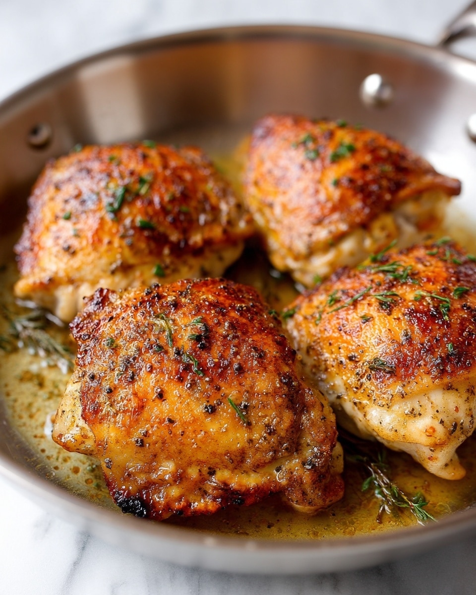 The image shows three golden brown cooked chicken pieces in a metal pan. Each piece has a crispy, seasoned skin with visible black pepper and herbs, giving a slightly rough texture on top. The chicken pieces are positioned close to each other, covering most of the pan's surface. The pan itself has a shiny metal finish and is placed on a white marbled surface. Photo taken with an iphone --ar 4:5 --v 7
