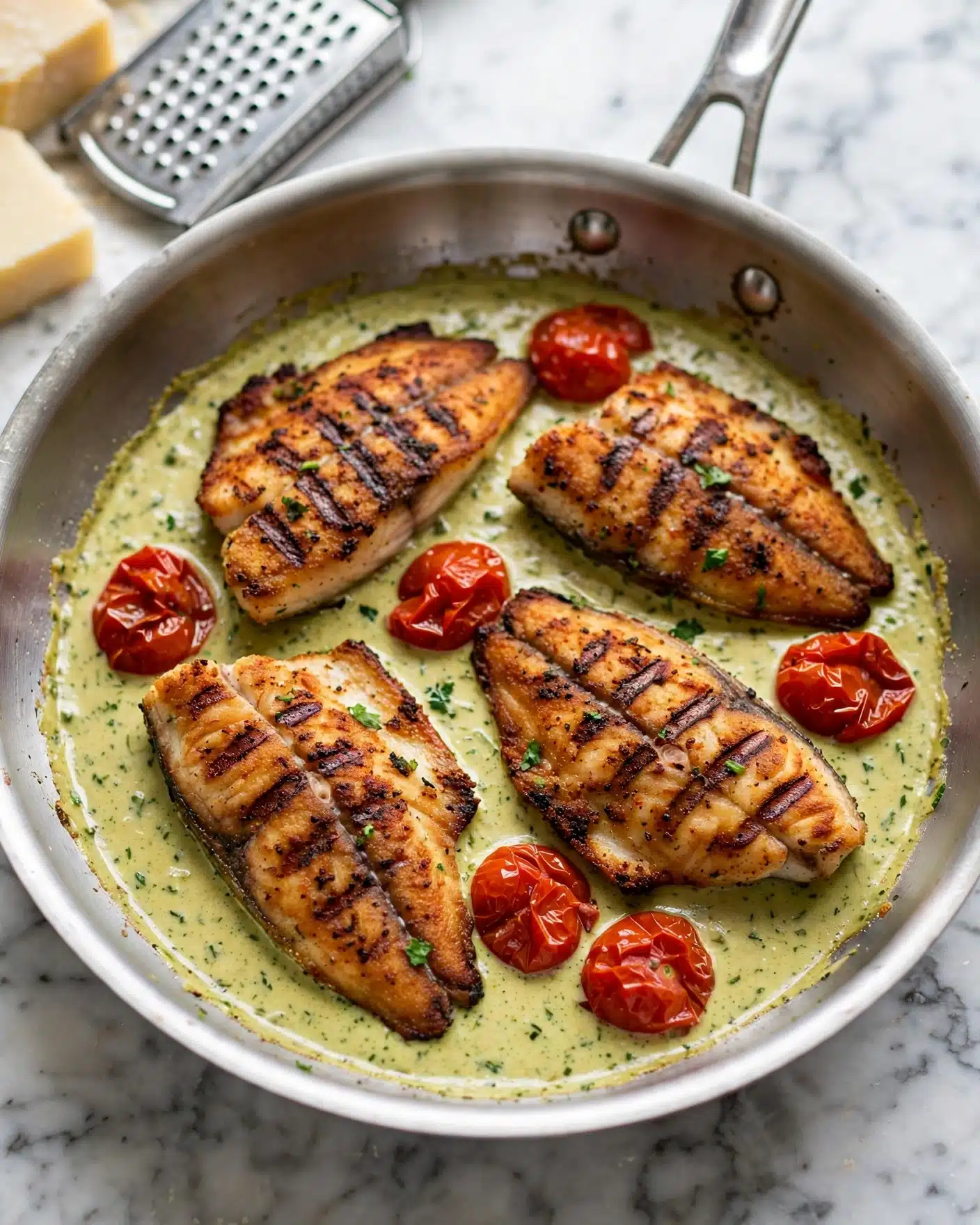 Pesto Chicken with Roasted Cherry Tomatoes Recipe 5 A silver pan holds four browned fish fillets, each with a crispy, darkened outer layer showing grill marks, lying in a greenish-yellow creamy sauce that spreads evenly across the pan's base. Around the fillets, there are bright red, roasted cherry tomatoes that have softened and slightly shriveled. Small green herb pieces are sprinkled lightly over the fish and sauce. The pan sits on a white marbled surface with a silver cheese grater and block of cheese partly visible in the top left corner. photo taken with an iphone --ar 4:5 --v 7