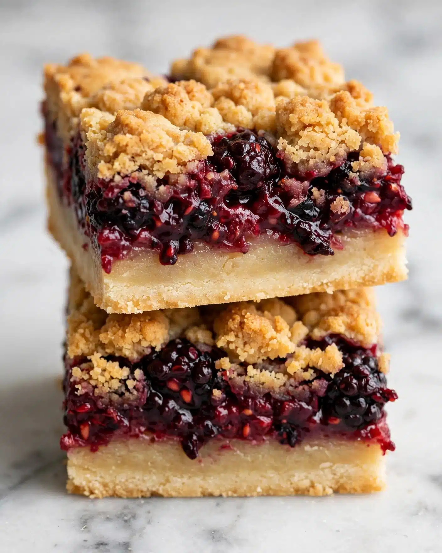 Cranberry Shortbread Bars Recipe 5 This close-up image shows two stacked square pieces of dessert bars with three clear layers. The bottom layer is a light golden crust with a smooth texture. The middle layer is thick and filled with dark red and purple berry bits, giving it a juicy and slightly uneven look. The top layer is crumbly and golden, with rough, uneven chunks that look soft and slightly crunchy. The background has a white marbled texture slightly out of focus. photo taken with an iphone --ar 4:5 --v 7