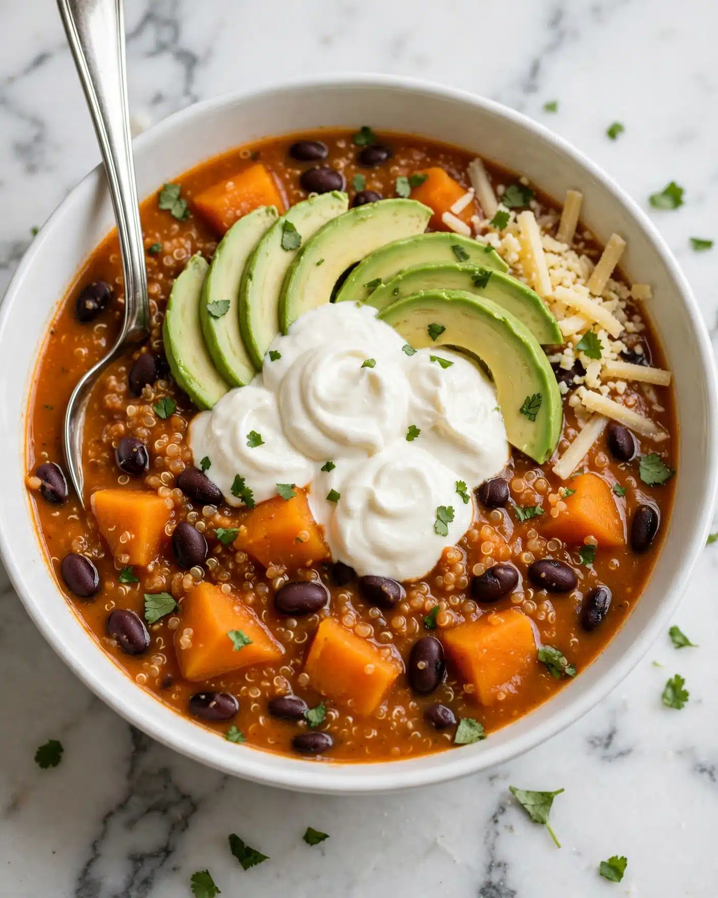 Black Bean, Sweet Potato, and Quinoa Chili with Smoked Chipotle Recipe 5 A white bowl filled with a thick stew made of three main layers: the base is a rich orange-red broth with quinoa, black beans, and bright orange chunks that look soft and tender; on top, there are creamy white dollops of sauce placed in the center, surrounded by fresh green slices of avocado fanned out; grated pale yellow cheese pieces are scattered on one side, and small green herb leaves are sprinkled evenly over the dish. A shiny silver spoon rests inside the main bowl, all placed on a white marbled surface with scattered green herb leaves around. Photo taken with an iphone --ar 4:5 --v 7
