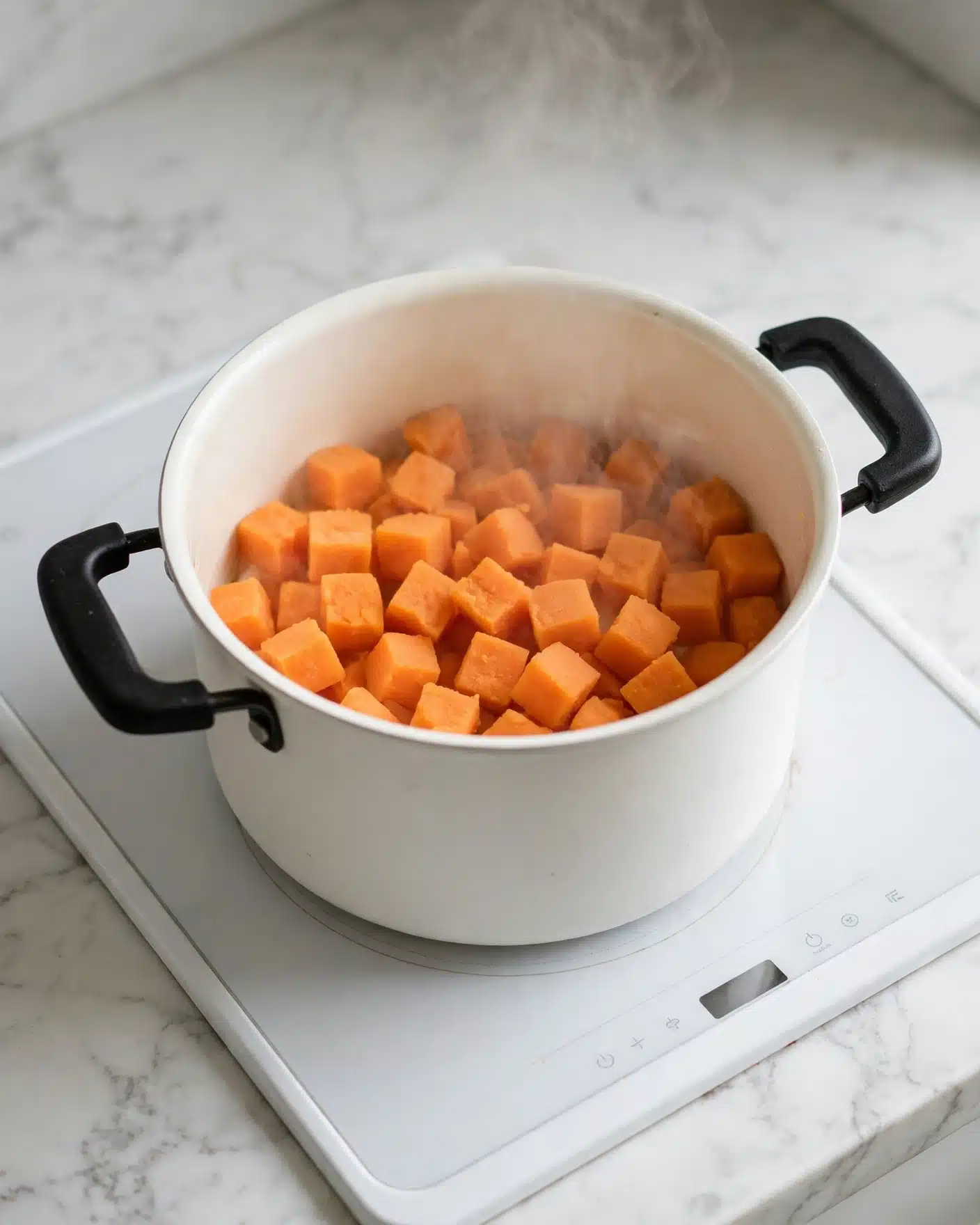 Hearty Pumpkin and Black Bean Casserole Recipe 4 A white pot with black handles sits on a white marbled surface, filled with small orange cubes spread evenly inside. The cubes have a soft texture and bright color, showing they are cooked or warming up. There is some light steam rising from the pot's creamy white inside, and the pot is placed on a white electric stove. Photo taken with an iphone --ar 4:5 --v 7