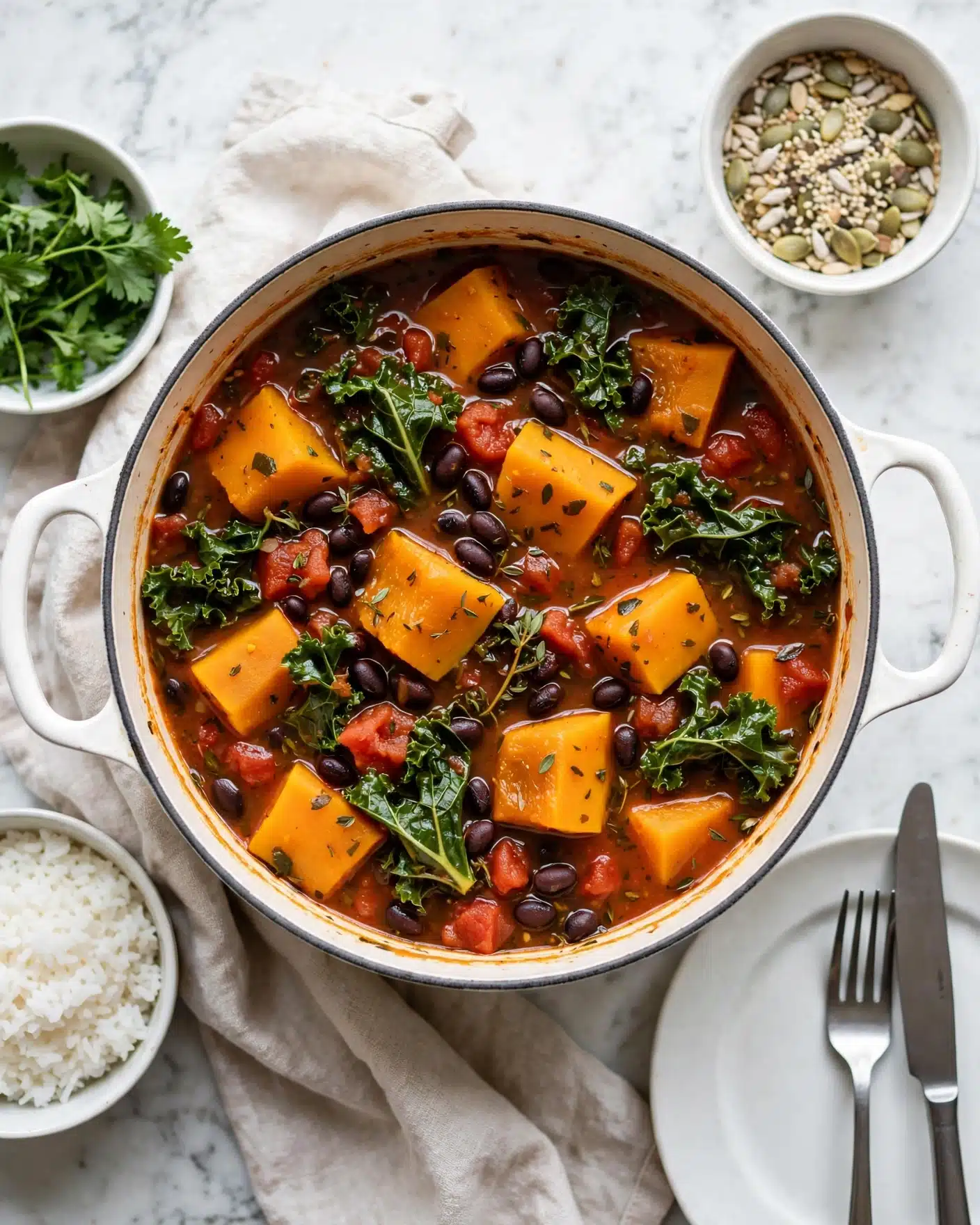 Hearty Pumpkin and Black Bean Casserole Recipe 5 A round white enameled pot filled with a colorful stew sits on a white marbled surface. The stew has large, bright orange chunks of squash or pumpkin scattered throughout, mixed with dark black beans and vibrant green leafy kale, all swimming in a rich, reddish tomato broth with visible small pieces of tomato and herbs. Around the pot, there are small white bowls containing fresh green herbs and a mix of seeds, a white bowl of plain white rice, and an empty white plate with a knife and fork resting on it. The scene feels cozy and inviting with a soft cloth underneath the pot. photo taken with an iphone --ar 4:5 --v 7