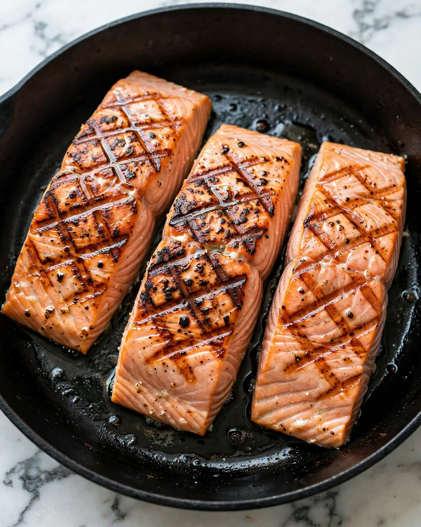 Grilled Salmon with Creamy Cucumber-Dill Salad Recipe 4 The image shows three thick pieces of salmon fillet cooking on a black pan. Each piece has visible brown grill marks on the top, giving a textured and slightly charred look with pinkish-orange flesh beneath. The salmon's skin is not shown, and the pieces are placed close together, with light reflecting on the moist surface, making the fish look fresh and juicy. The background is a white marbled texture. Photo taken with an iphone --ar 4:5 --v 7