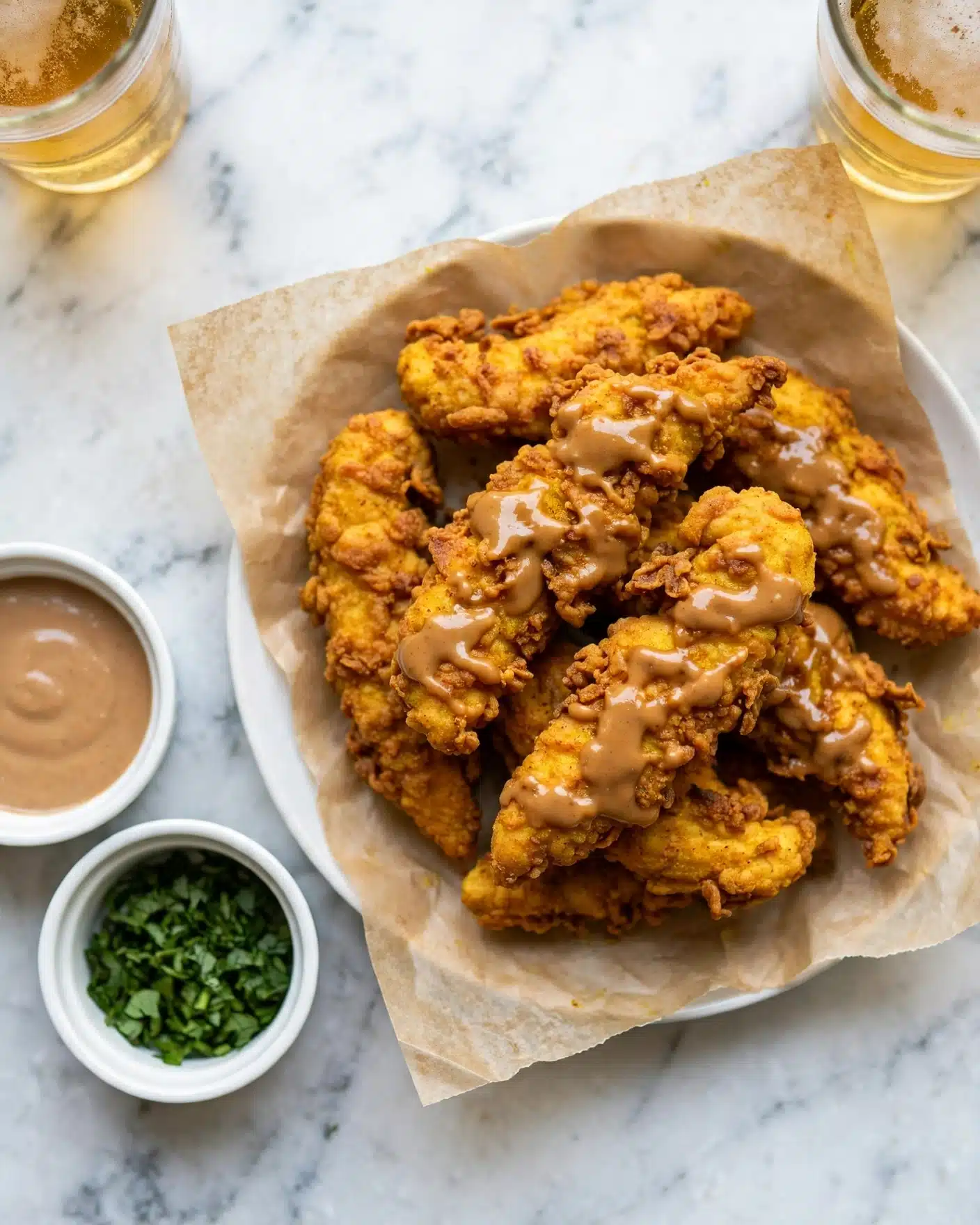 Crispy Turmeric Chicken Tenders Recipe 5 A white plate lined with brown parchment paper holds a pile of golden-brown fried chicken pieces with a crispy texture, some parts topped with a smooth, light brown sauce. On the left side of the plate, there are two small white bowls: one filled with a creamy, light brown dipping sauce, and the other with freshly chopped green herbs. The background is a white marbled surface, and two glasses filled with light golden beer are partially visible at the top corners of the image. photo taken with an iphone --ar 4:5 --v 7