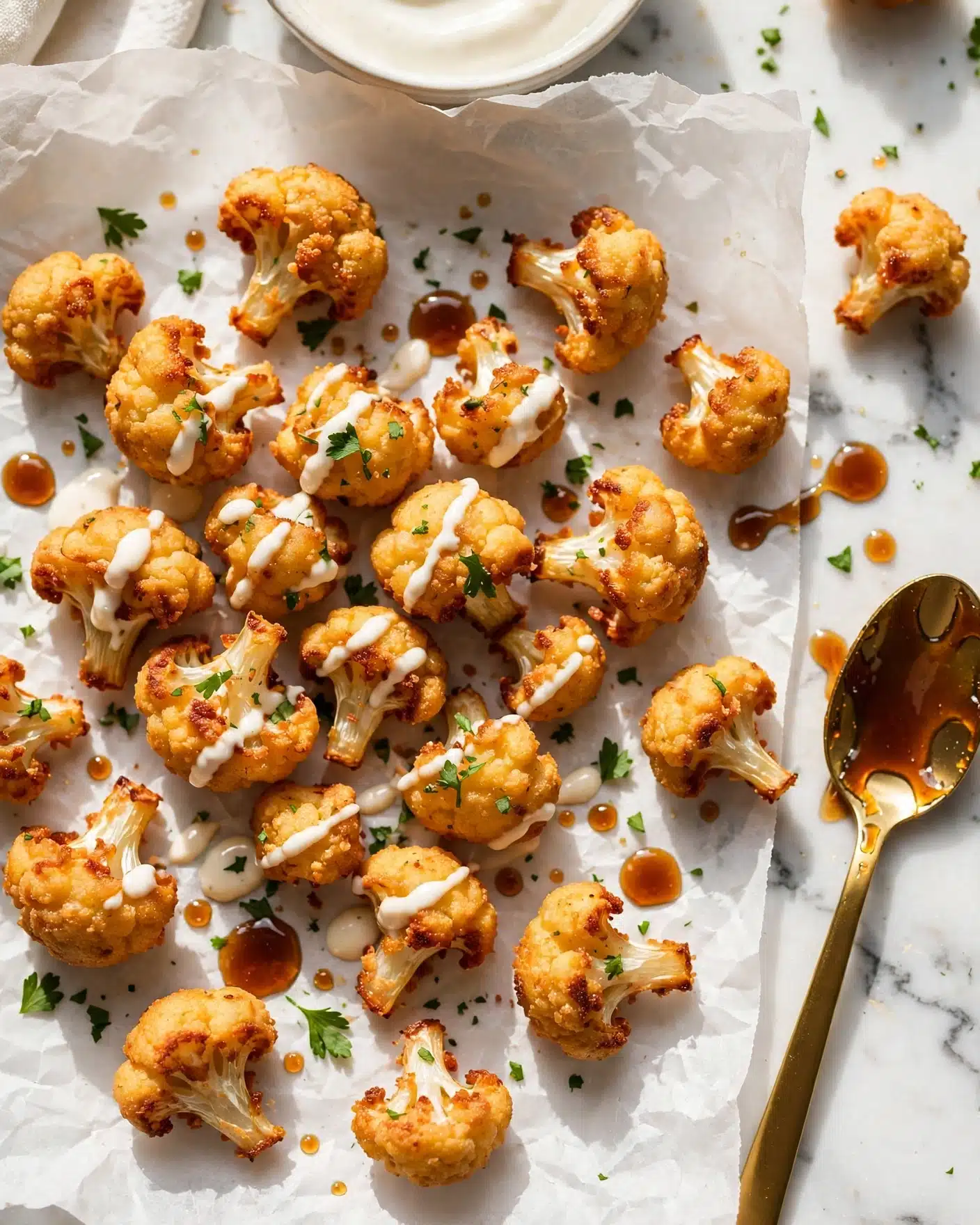 Crunchy Baked Hot Honey Cauliflower Recipe 5 Small golden brown fried cauliflower pieces with a crunchy texture are spread over white parchment paper on a white marbled surface. Some pieces show a creamy white sauce drizzled on or around them, with tiny green herb leaves sprinkled on top. There are glossy droplets of a dark amber sauce scattered around, with a golden spoon on the right side, coated in the same sauce. In the back, a white bowl with a white creamy dip is partly visible. The lighting is warm and bright, casting soft shadows. photo taken with an iphone --ar 4:5 --v 7