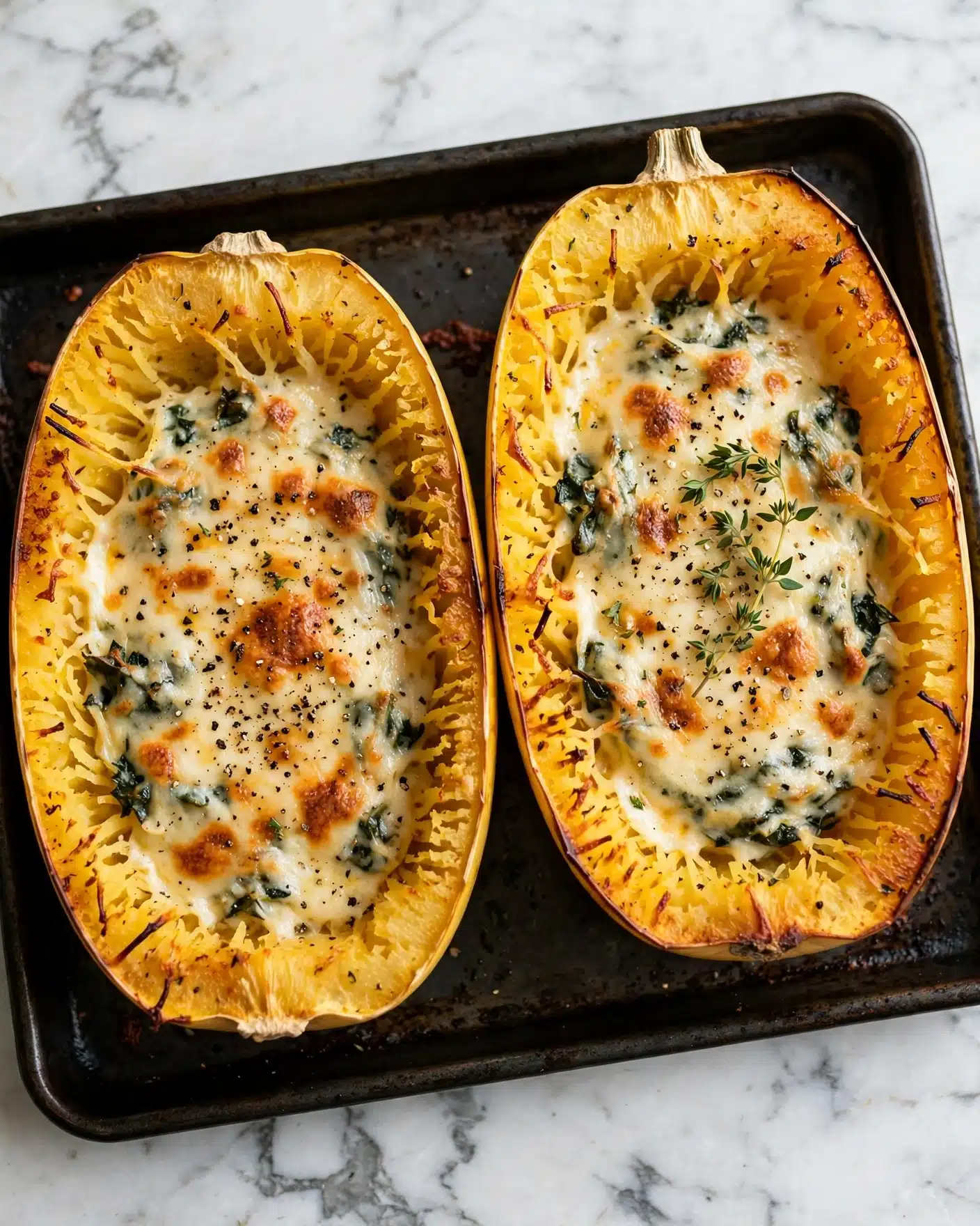 4 Cheese Roasted Garlic Alfredo Stuffed Spaghetti Squash Recipe 5 The image shows two halves of roasted spaghetti squash with golden brown melted cheese on top. The squash flesh is soft and slightly browned at the edges, mixed with herbs and black pepper sprinkled across the surface. Each half is filled with a creamy cheesy layer that has some dark green leafy bits baked inside. A small green herb sprig lies on one squash half for decoration. They are placed side by side on a dark cooking tray. The background is a white marbled surface photo taken with an iphone --ar 4:5 --v 7