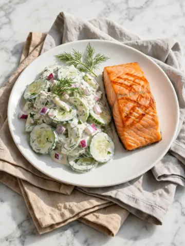 Grilled Salmon with Creamy Cucumber-Dill Salad Recipe