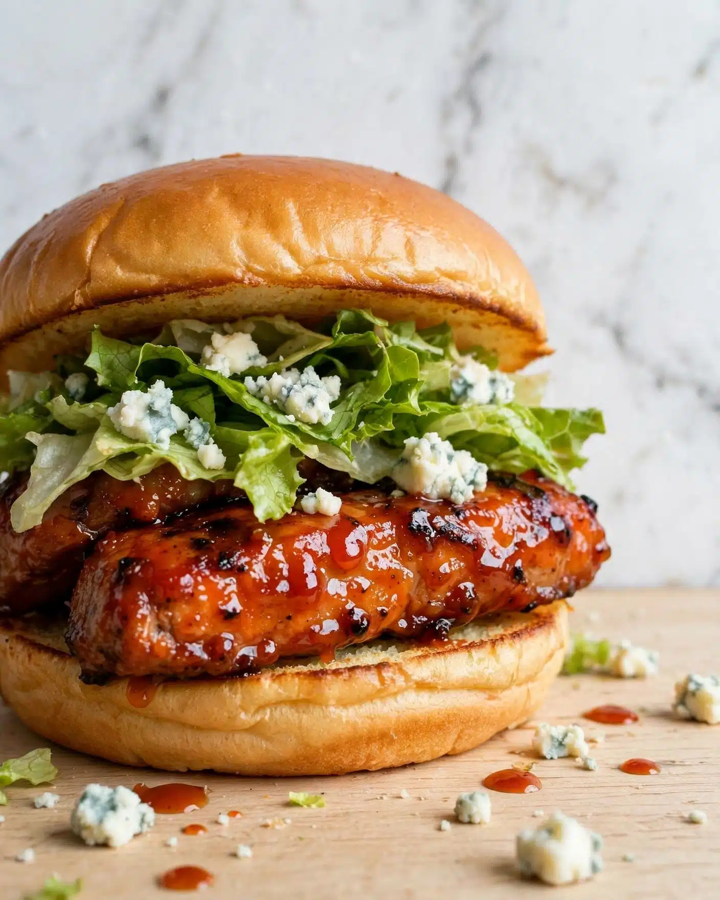 Grilled Buffalo Chicken Sandwiches with Gorgonzola Slaw Recipe 5 A close-up of a sandwich on a light wooden surface with a white marbled background, showing three main layers inside a soft golden brown bun. The bottom layer is a grilled piece of meat with a shiny, reddish-orange glaze. Above it is a mix of fresh green leafy lettuce and bits of light blue cheese scattered within the leaves. The top of the sandwich is covered with a glossy and smooth golden brown bun, slightly toasted on the edges. Small pieces of blue cheese and drops of sauce are visible around the sandwich base. Photo taken with an iphone --ar 4:5 --v 7