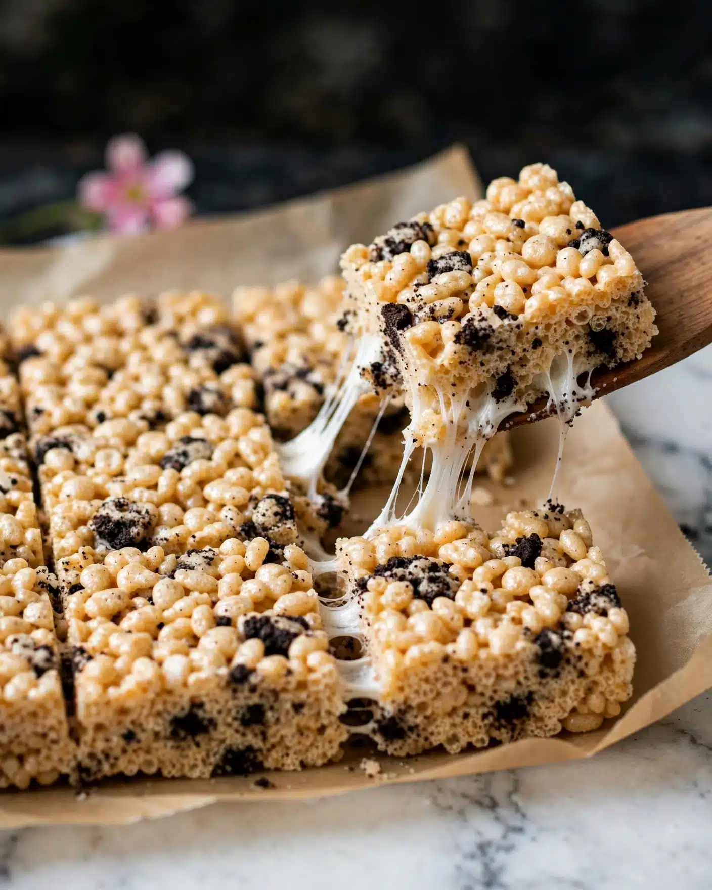 Toasted Marshmallow Caramel Rice Krispie Treats Recipe 5 The image shows a close-up of light golden crispy treats with dark cookie bits mixed in. The treats are cut into square pieces with one square being pulled apart by a wooden spatula, showing stretchy, sticky texture between the layers. The treats have a rough, bumpy surface from the puffed rice and cookie pieces. They sit on light brown parchment paper placed on a white marbled surface. In the background, there is a small pink flower adding a soft pop of color, with a dark background behind it. The photo taken with an iphone --ar 4:5 --v 7