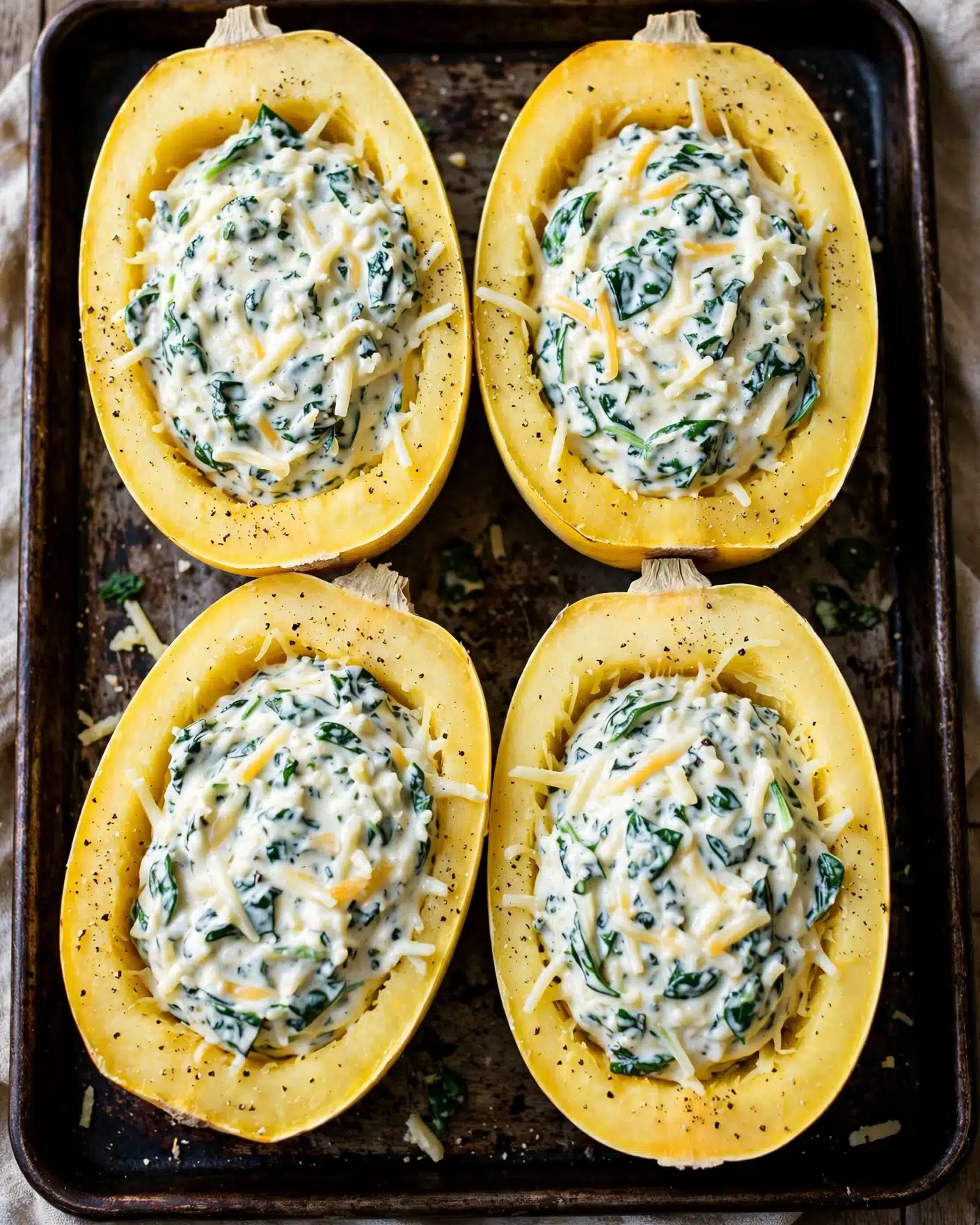 4 Cheese Roasted Garlic Alfredo Stuffed Spaghetti Squash Recipe 4 The image shows four halved spaghetti squashes placed closely together on a baking tray. Each squash half has a smooth pale yellow outer skin and is hollowed out, filled generously with a creamy mixture that has a white base dotted with green leafy bits and shredded textures, likely spinach and cheese. The edges of the squash are slightly textured, and there is a light sprinkling of black pepper on the exposed yellow flesh areas. The tray surface is worn and dark, showing signs of use. photo taken with an iphone --ar 4:5 --v 7
