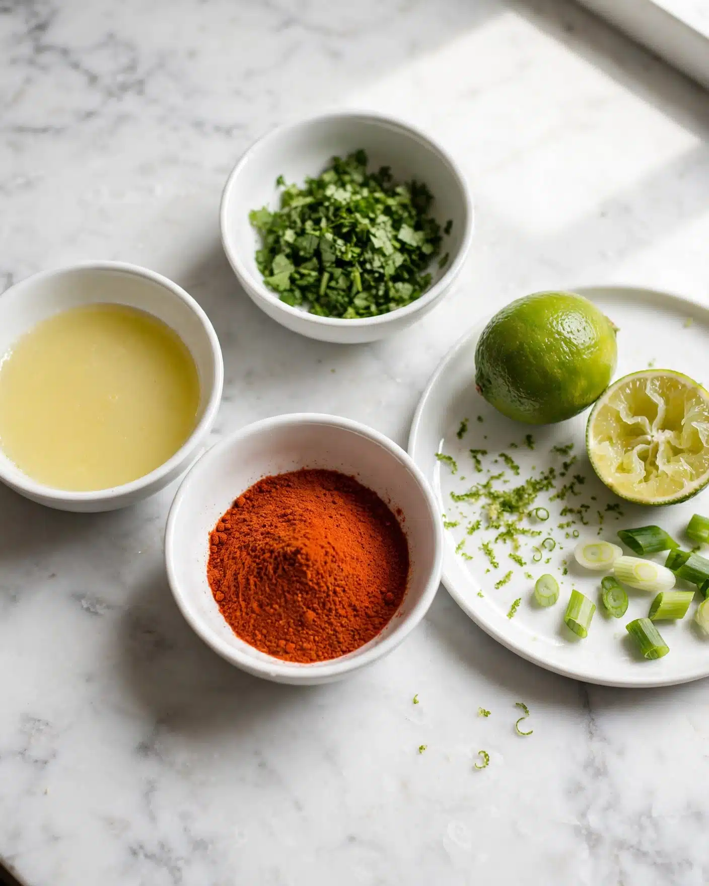 Crispy Turmeric Chicken Tenders Recipe 4 The image shows a white marbled surface with three small white bowls and a white plate. The first bowl on the left has a pale yellow liquid. The middle bowl has a reddish orange powder inside. The back bowl contains chopped green herbs. On the white plate, there is a whole green lime, a lime half that looks squeezed, some green lime zest scattered around, and a few sliced green onions. The lighting casts soft shadows, highlighting the textures and colors of the ingredients. photo taken with an iphone --ar 4:5 --v 7