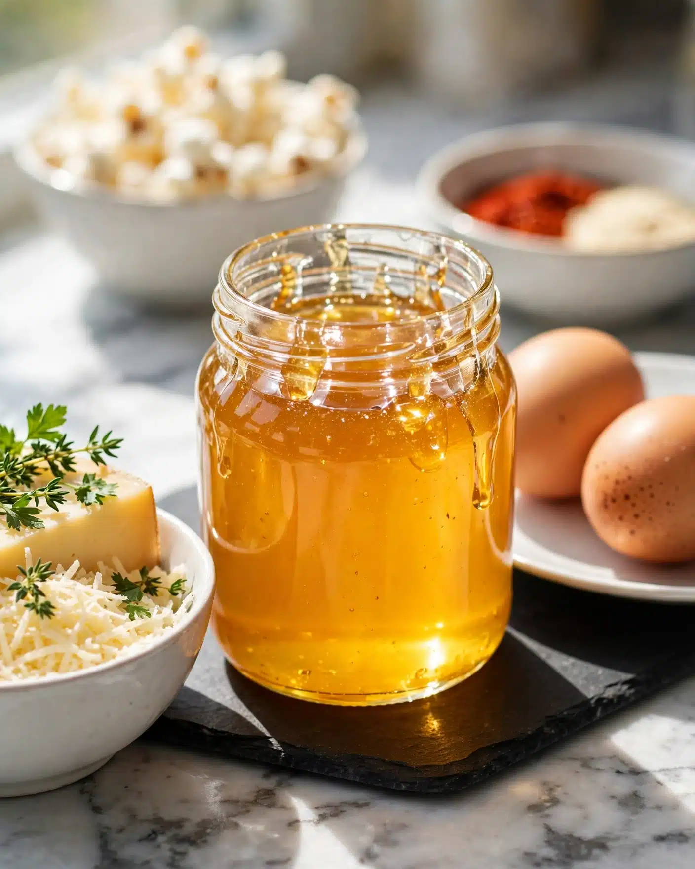 Crunchy Baked Hot Honey Cauliflower Recipe 4 The image shows a clear glass jar filled with bright golden honey placed in the center on a dark surface with light shining on it, making the honey look shiny and rich. Behind the jar, on the right, there is a white plate with two light brown eggs. To the left, a white bowl contains grated cheese, a wedge of cheese, and fresh green herbs on top. In the background, two bowls can be seen slightly blurred, one with white popcorn and another with spices in red and cream colors on a white bowl. The whole setup is on a white marbled counter with natural light highlighting the textures of each ingredient, helping the colors pop photo taken with an iphone --ar 4:5 --v 7