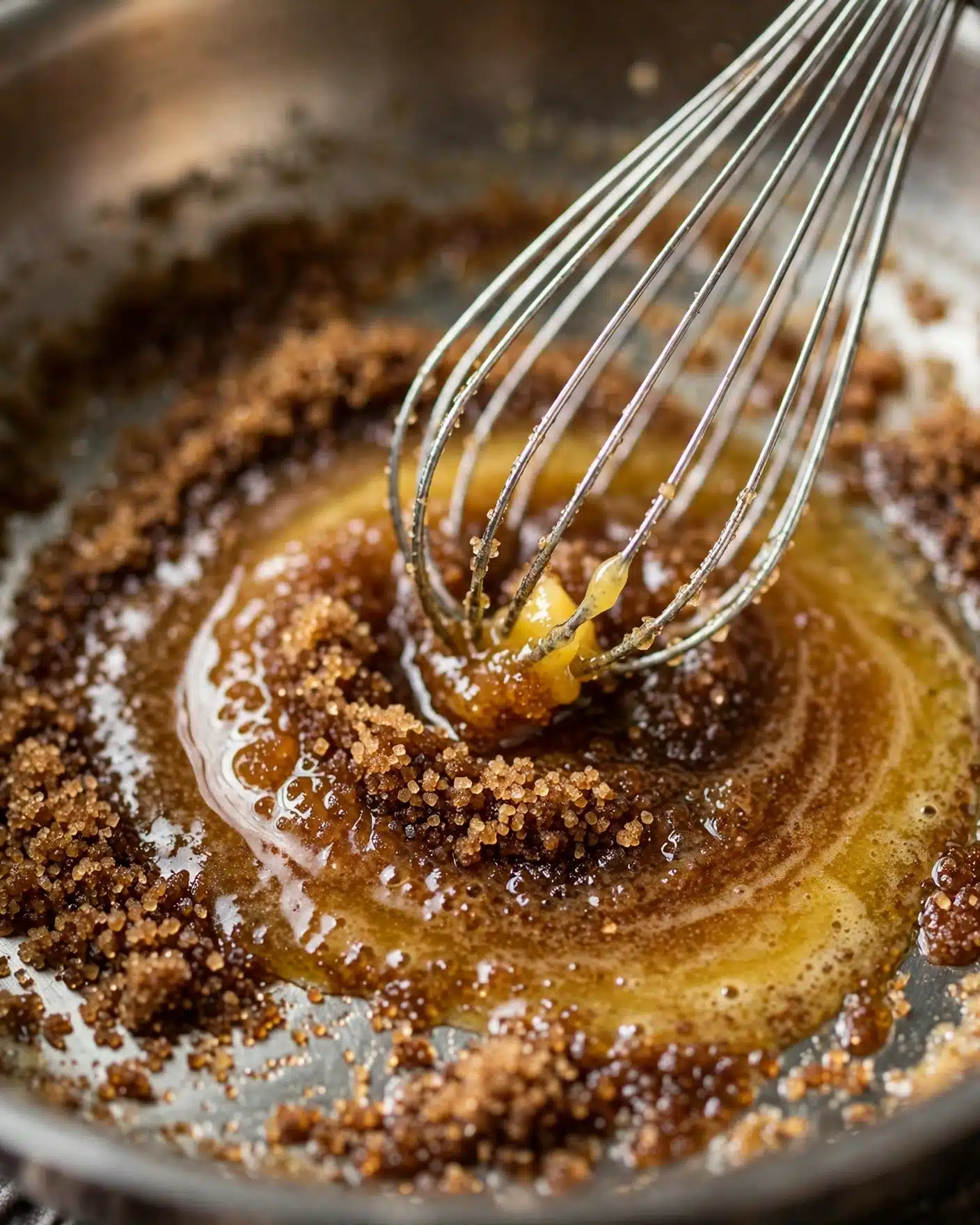 Toasted Marshmallow Caramel Rice Krispie Treats Recipe 4 A close-up image showing a mix of melted butter and dark brown sugar in a pan, with the sugar in small granules and some starting to dissolve into the shiny, melted butter. A metal whisk is stirring the mix, its thin silver wires visible, with a small bit of butter clinging to it. The background is slightly blurred, focusing on the rich textures and warm golden and brown colors of the ingredients. photo taken with an iphone --ar 4:5 --v 7