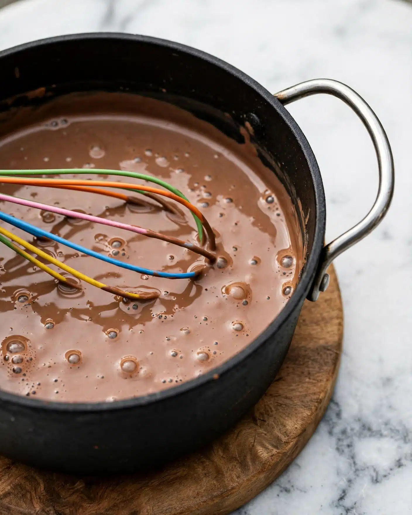 Homemade Dirt Pudding with Oreo Crumbs and Gummy Worms Recipe 4 A close-up view of a black cooking pot filled with smooth, light brown chocolate liquid that has small bubbles on its surface. Inside the pot, a colorful whisk with green, orange, pink, blue, and yellow wires is resting on the liquid's surface. The pot has a silver handle and is set on a round wooden board, placed on a white marbled surface. photo taken with an iphone --ar 4:5 --v 7
