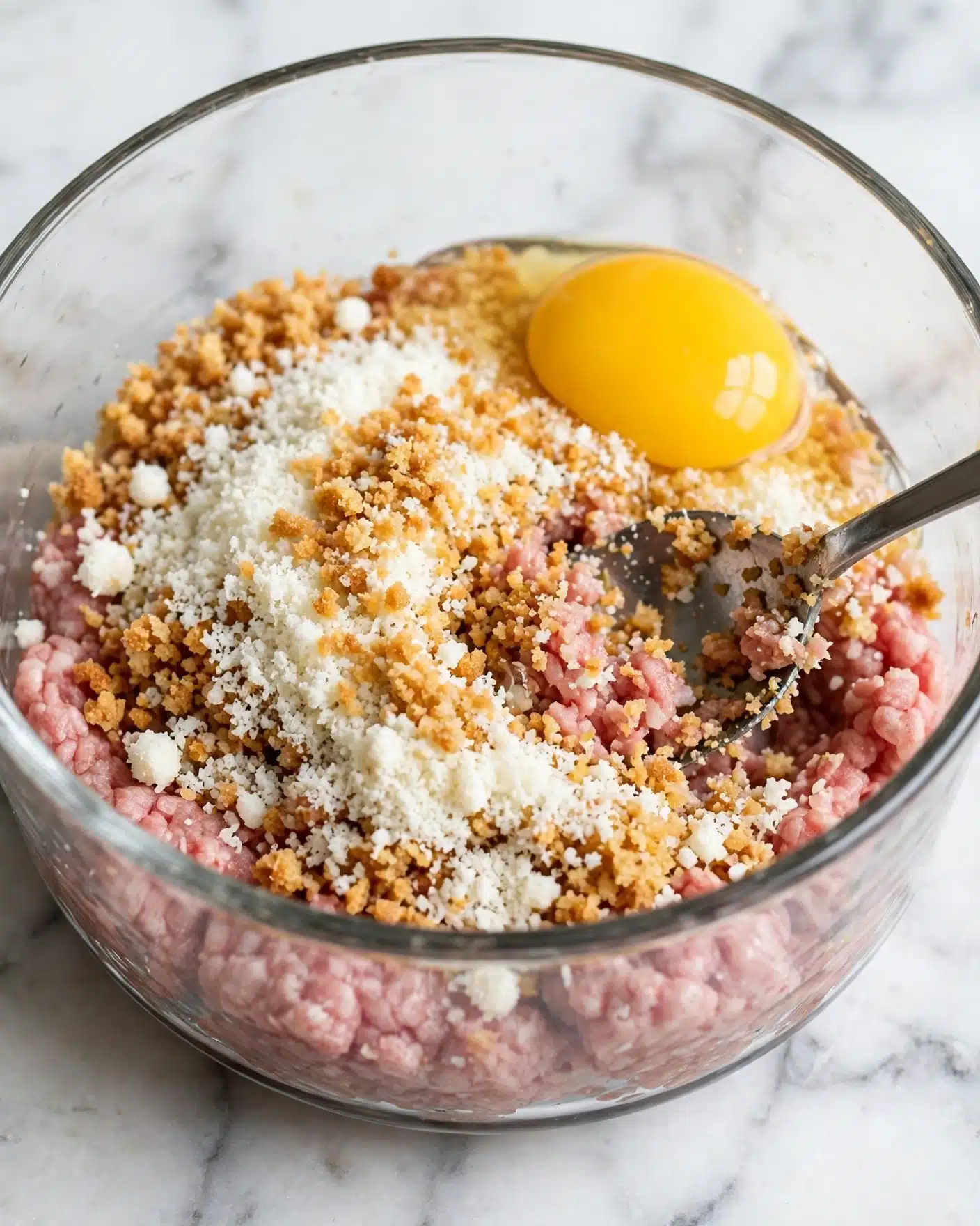 Easy Baked Chicken Meatballs with Lemon Herb Butter Sauce Recipe 4 A clear glass bowl sits on a white marbled surface, filled with several layers of ingredients. At the base is raw light pink ground meat, topped with a mix of golden brown breadcrumbs and white grated cheese scattered unevenly around. Near the top right, a bright yellow raw egg yolk rests intact. A silver spoon is partially submerged on the right side of the bowl, blending the ingredients. The textures vary from soft meat to powdery cheese and coarse crumbs, all visible through the transparent bowl. Photo taken with an iphone --ar 4:5 --v 7