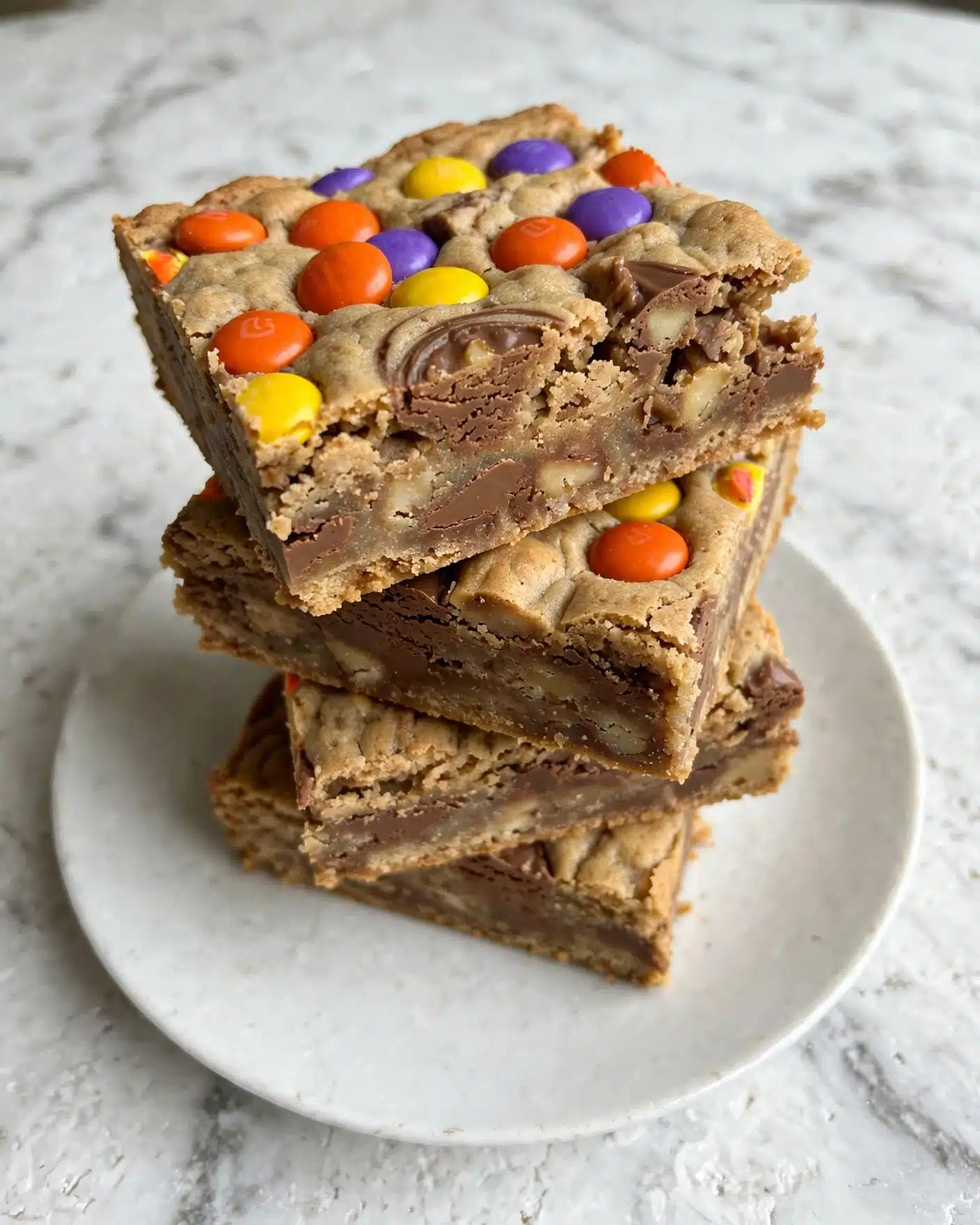 Peanut Butter Blondies Recipe 5 A stacked group of square cookie bars sits on a white plate, placed on a white marbled surface. Each square bar has a light brown crumbly texture with visible chunks inside, showing swirls of darker brown and beige colors. The top layer is dotted with bright candy-coated chocolate pieces in orange, yellow, and purple, some embedded fully and some partially on the surface. The bars look thick and soft, with an uneven, rustic edge and a rich, dense interior visible in the top piece that leans against the others. Photo taken with an iphone --ar 4:5 --v 7