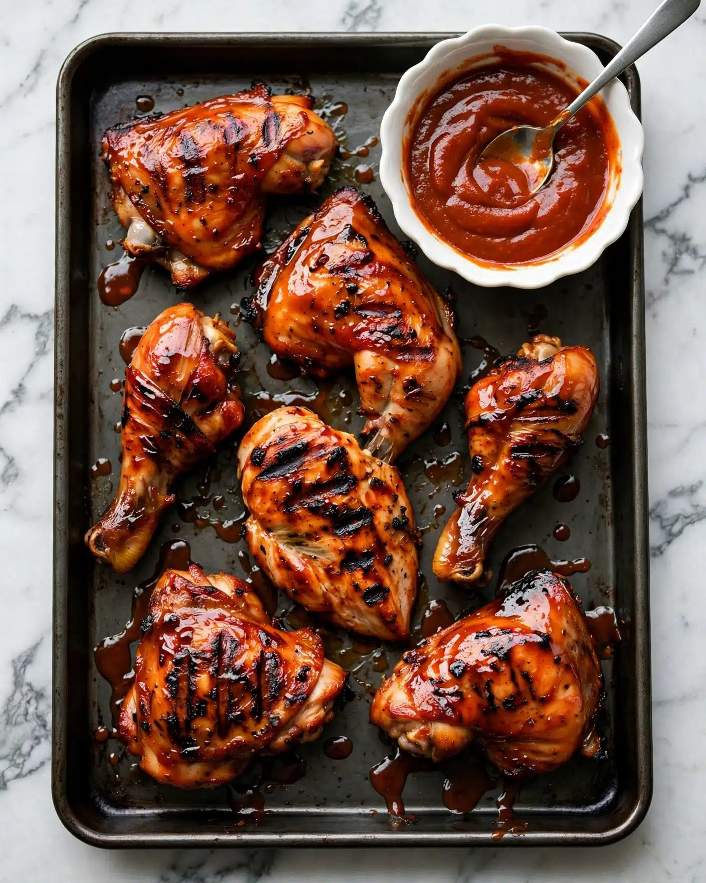 Grilled Buffalo Chicken Sandwiches with Gorgonzola Slaw Recipe 4 A baking tray filled with seven grilled pieces of chicken, each coated with a shiny, reddish-orange sauce, showing charred grill marks and some drips of sauce on the tray. On the upper right corner of the tray, there is a small white bowl with scalloped edges filled with more of the same sauce and a metal spoon inside. The tray is placed on a white marbled surface. photo taken with an iphone --ar 4:5 --v 7