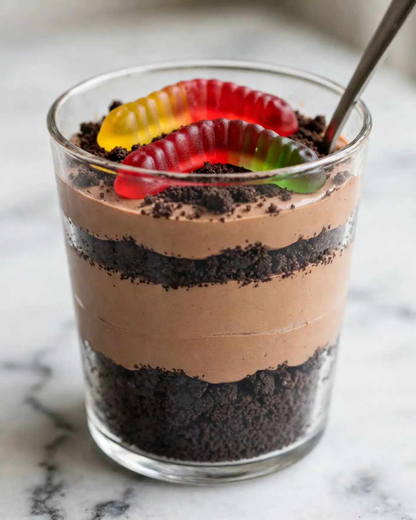 Homemade Dirt Pudding with Oreo Crumbs and Gummy Worms Recipe 5 The image shows a dessert served in a clear glass cup with four visible layers. The bottom layer is dark and crumbly, resembling crushed chocolate cookies. On top of this is a smooth, light brown chocolate mousse layer with a creamy texture. Above the mousse, there is another thin layer of crushed chocolate cookie crumbs, darker and crumbly like the bottom layer. The top layer features colorful gummy worms, one yellow and red and another mostly red with some green, partly embedded into the mousse and cookie crumbs. The glass cup is on a white marbled surface, and a spoon is placed inside the cup on the right side. Photo taken with an iphone --ar 4:5 --v 7