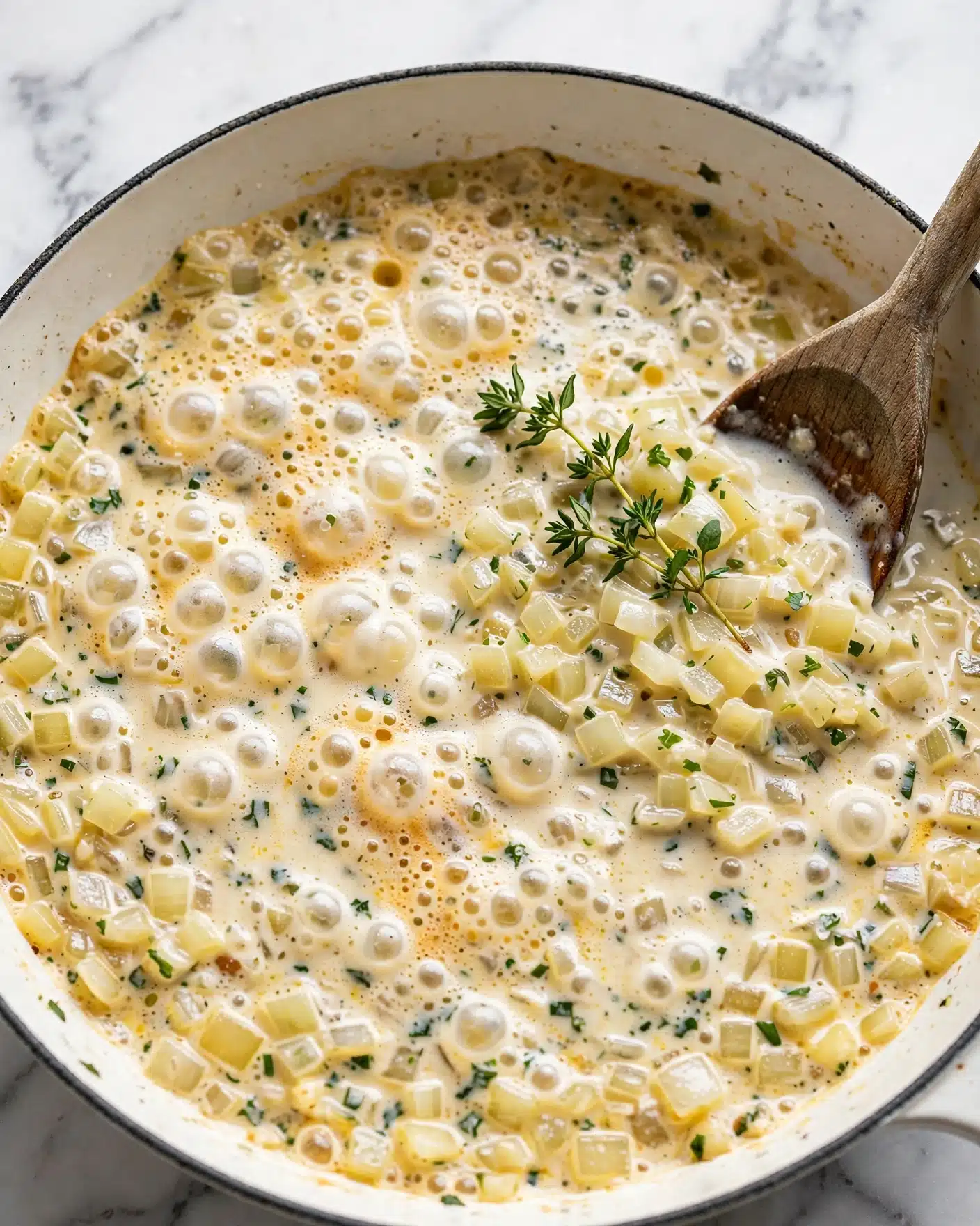 Creamy Broccoli Cheddar Casserole with Garlic Butter Pretzels Recipe 4 The image shows a close-up of a creamy cooking mixture in a white pan, with visible layers of small diced onions in translucent, light yellow tones and tiny green herb bits scattered throughout. The top layer is bubbling lightly with creamy foam and a slight golden hue from cooking, giving a textured surface. In the top right corner, a wooden spoon is partially visible stirring the mixture. A sprig of fresh green herbs rests gently on the bubbling surface, adding a fresh touch. The background is a white marbled texture. Photo taken with an iphone --ar 4:5 --v 7