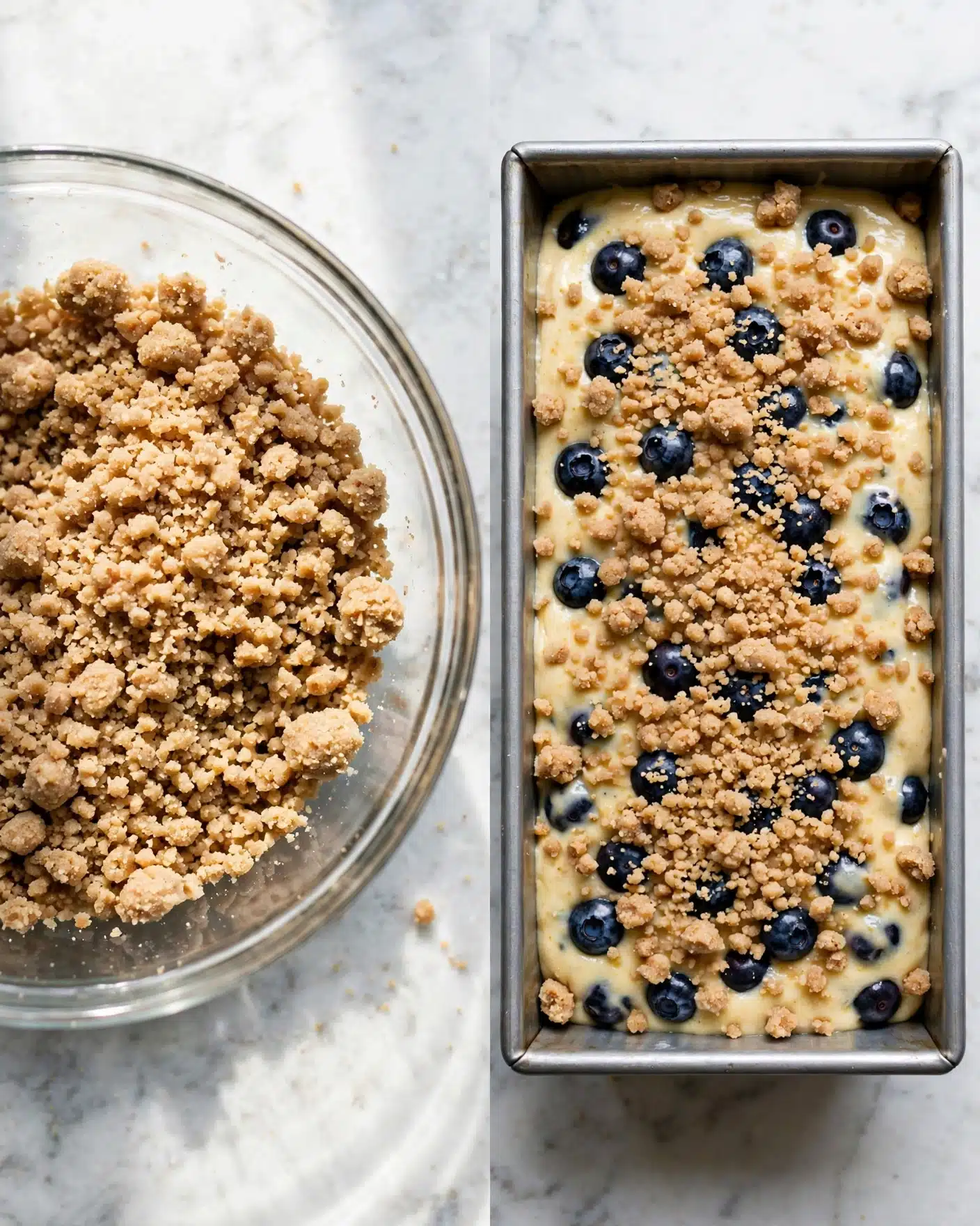 Orange Glazed Cranberry Bread Recipe 4 The image shows two parts side by side on a white marbled surface. On the left, there is a clear glass bowl filled with crumbly light brown streusel topping with a rough texture. On the right, a rectangular metal loaf pan holds a batter base with dark blueberries embedded inside. The top of the batter is sprinkled with the same crumbly streusel topping, covering most of the surface but leaving some blueberries visible. The mix of smooth batter, round dark blueberries, and crumbly topping create different textures across the layers. photo taken with an iphone --ar 4:5 --v 7