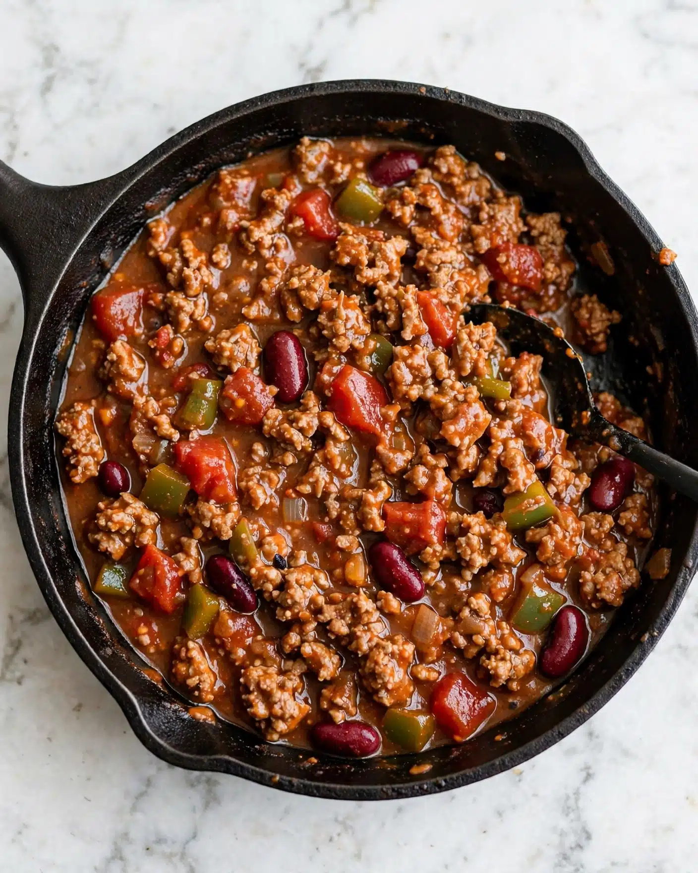 Cornbread Chili Casserole Recipe 4 A black cast iron skillet holds a thick mixture of cooked ground meat with a reddish-brown sauce, interspersed with small chunks of bright red tomatoes, dark red beans, and green bell pepper pieces. The textures are varied, with soft vegetables, tender meat, and a slightly glossy sauce coating everything. A black spoon is partially buried on the right side of the skillet, stirring the mix. The skillet is sitting on a white marbled surface. photo taken with an iphone --ar 4:5 --v 7