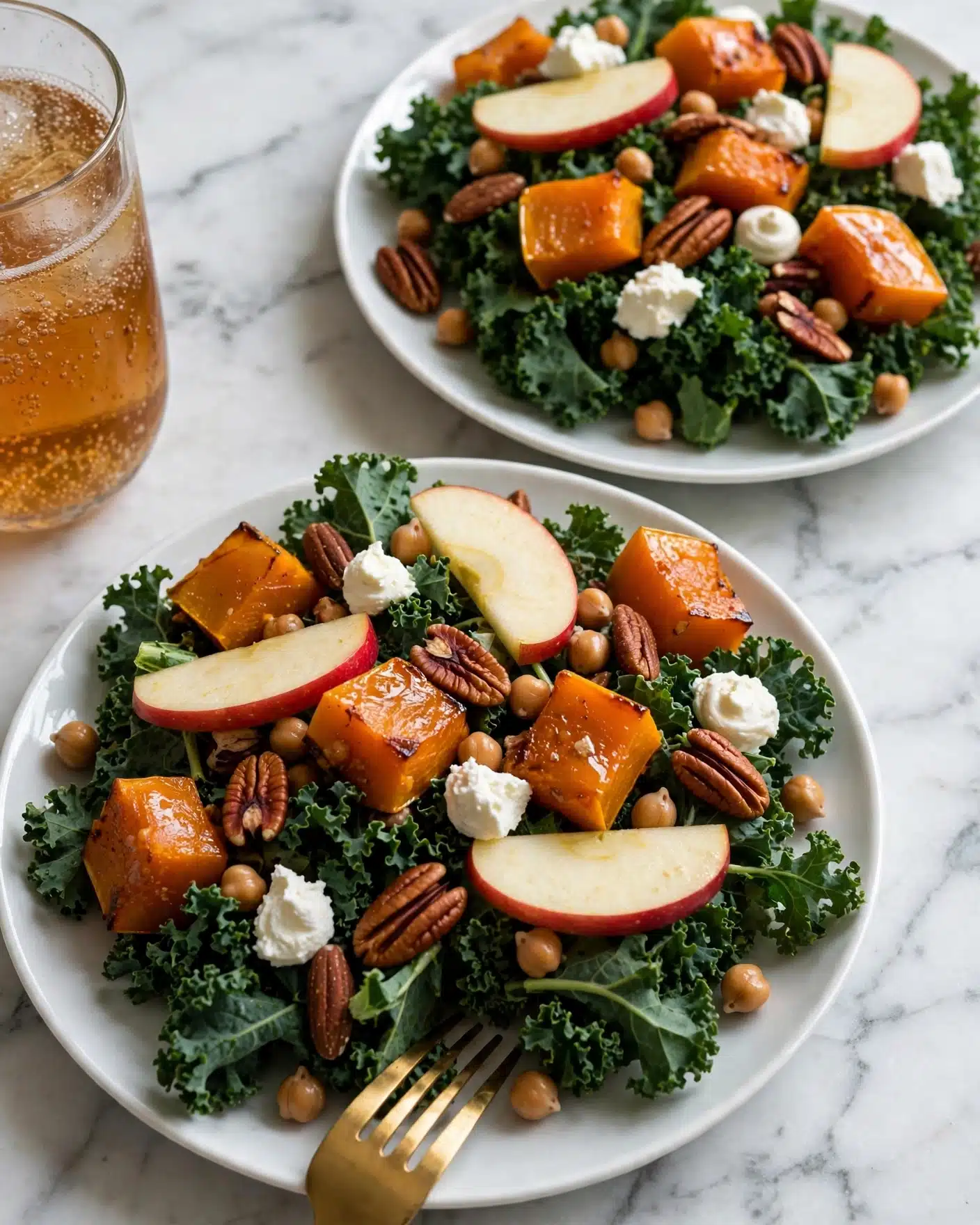 Maple-Roasted Squash & Kale Salad Recipe 5 The image shows a close-up of two white plates with a salad made of several layers. The bottom layer is dark green kale leaves with a rough texture, covering most of the plate. On top, there are bright orange chunks of roasted squash, scattered around with a slightly shiny surface. Red apple slices with a smooth texture are placed on the kale, adding a touch of color with their pale flesh and red skin edges. Small brown chickpeas and pecans are spread evenly throughout the salad, giving a mix of round and elongated shapes. White dollops of soft cheese are placed randomly on the top, adding small bright spots. A gold fork is seen close to the front plate's edge. The background surface shows a white marbled texture and a glass of amber drink with bubbles is partially visible on the left side. photo taken with an iphone --ar 4:5 --v 7
