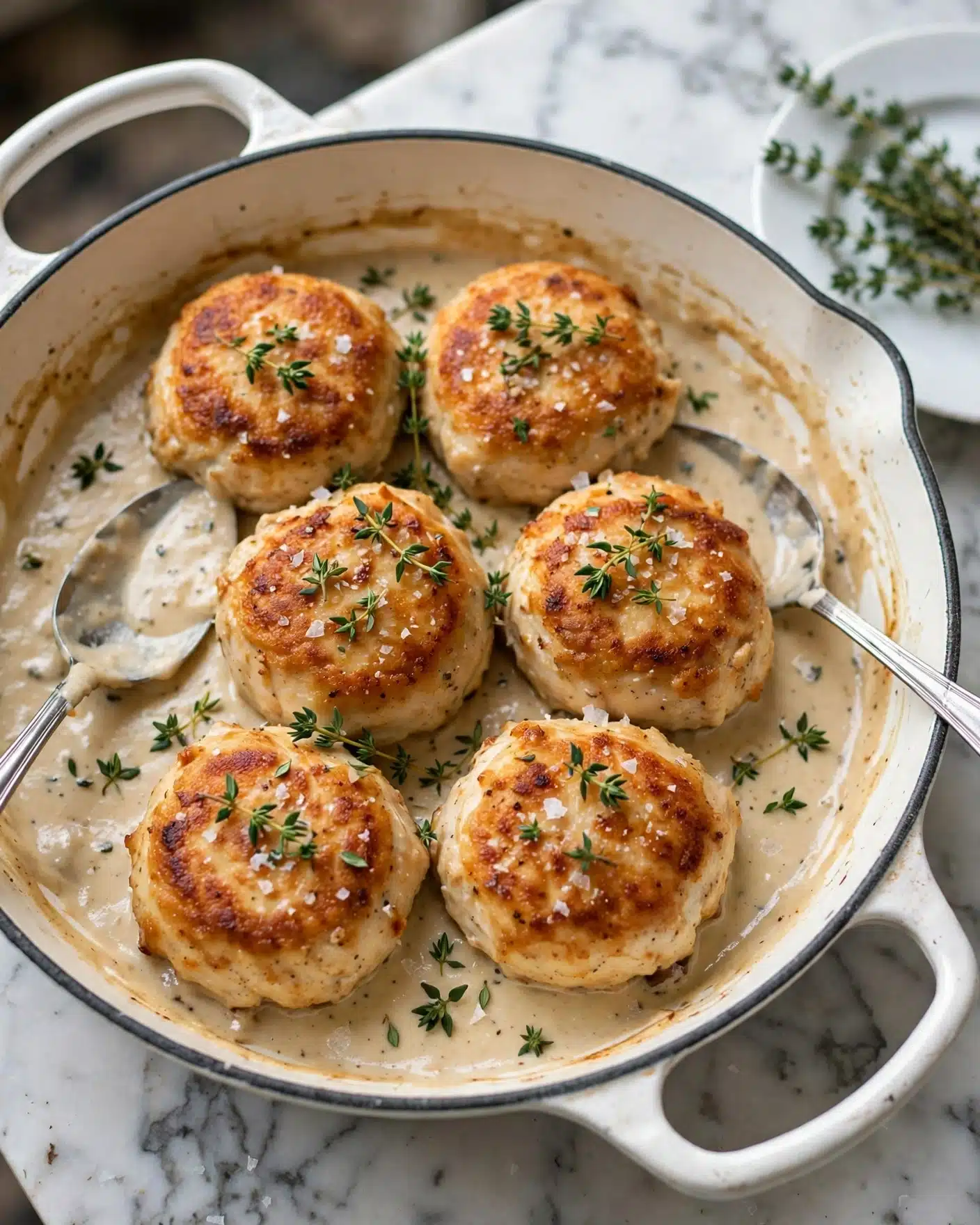 Creamy Broccoli Cheddar Casserole with Garlic Butter Pretzels Recipe 5 Six round, golden brown pieces of cooked chicken are arranged closely in a white cast iron pan filled with creamy beige sauce that has a slightly thick texture. Fresh green thyme sprigs are scattered on top of the chicken and sauce, adding a touch of color and freshness. There are some coarse salt flakes sprinkled over the chicken, giving a bit of shine and texture. Two silver spoons rest inside the pan, partially covered by the sauce. The pan is placed on a white marbled surface with a small white plate holding extra thyme sprigs seen in the background photo taken with an iphone --ar 4:5 --v 7