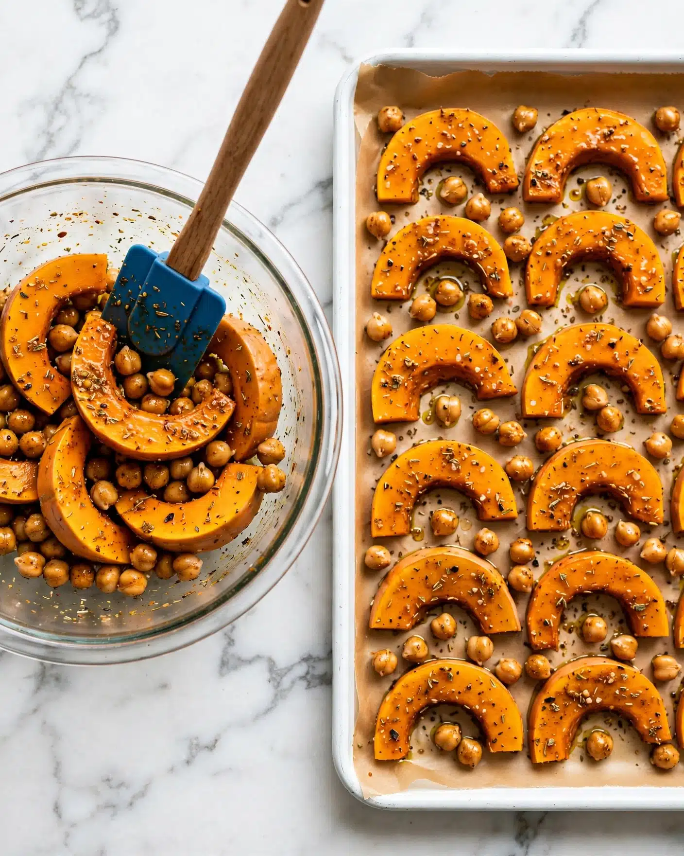 Maple-Roasted Squash & Kale Salad Recipe 4 The image shows two parts: on the left side, there is a clear round glass bowl filled with orange slices of pumpkin and round chickpeas mixed with spices, and a blue spatula with a wooden handle resting inside the bowl. On the right side, a white baking tray lined with brown parchment paper is spread with the same orange pumpkin slices and round chickpeas, all evenly spaced out and coated with the same seasoning. The whole setup is on a white marbled surface. photo taken with an iphone --ar 4:5 --v 7